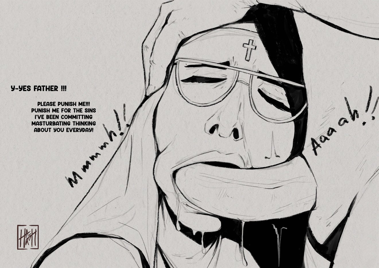blowjob, catholic, cheek bulge, christianity, closed eyes, english text, fellatio, femsub, glasses, habit, harsh nsfw, horizontal blowjob, irrumatio, maledom, mature female, monochrome, nun, nun's habit, oral, oral sex, penis, sideways blowjob, sideways oral, sketch, straight, toothbrushing