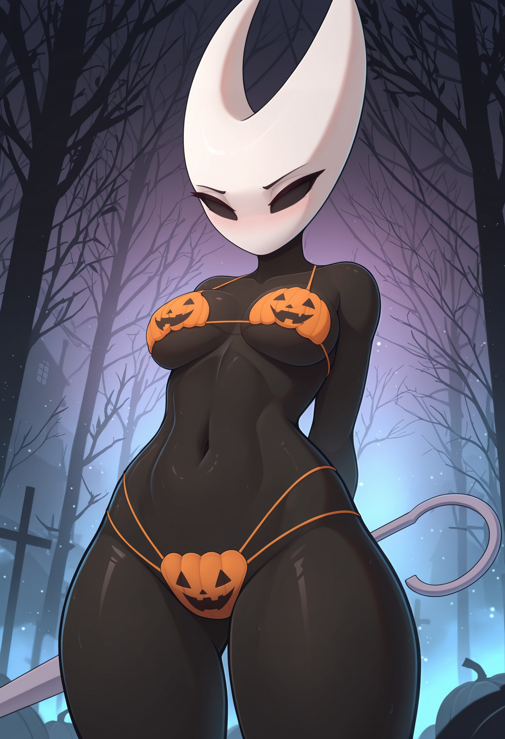 1girl, ai generated, anthro, anthro female, anthro only, bikini, black body, breasts, cowboy shot, female, female focus, halloween, hands behind back, highres, hornet (hollow knight), liwih, naked female, navel, pumpkin bikini, slim body, tagme, underboob, view from below