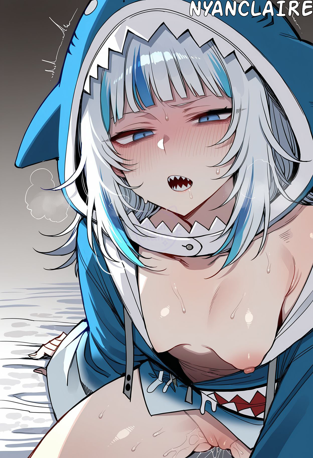ai, ai art, ai generated, animal costume, animal hood, blue eyes, blue hair, blue hoodie, blunt bangs, blush, bottomless, breasts, clothing, collarbone, female, gawr gura, gawr gura (1st costume), gawr gura ch., grey hair, half-closed eyes, hololive, hololive english, hololive myth, hood, hood up, hoodie, long hair, long sleeves, looking at viewer, male, multicolored hair, naked hoodie, nipples, no bra, nyanclaire, one breast out, open mouth, penis, pussy, pussy juice, saliva, sex, shark girl, shark hood, shark tail, sharp teeth, sitting, small breasts, solo, straight, streaked hair, sweat, teeth, virtual youtuber