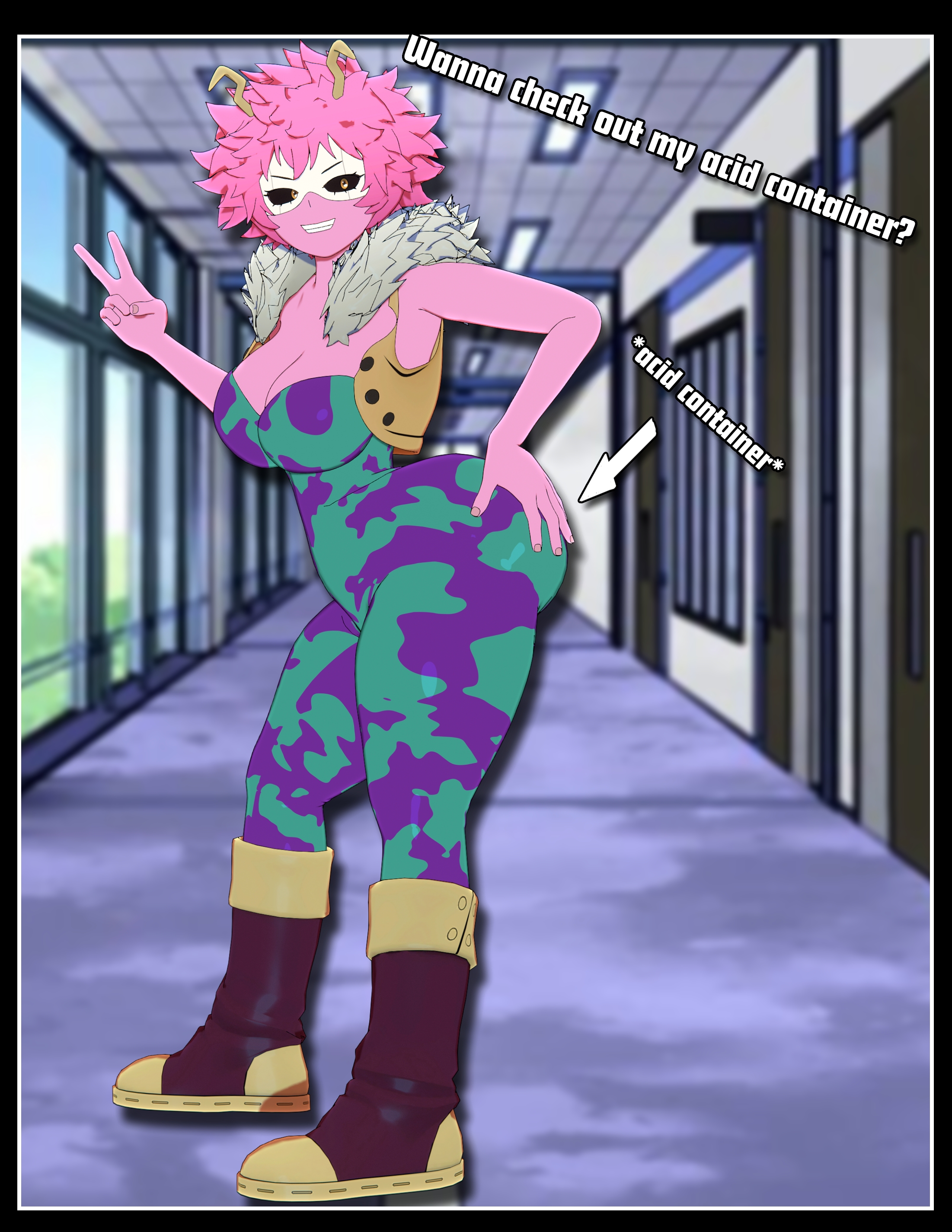 3d, alternate version available, big ass, big breasts, boku no hero academia, cleavage, cybrokrimson, english text, evil container, fat ass, flirting, flirting with viewer, hand on ass, hand on butt, hero outfit (mha), mina ashido, my hero academia, peace sign, pink hair, pink skin, school, short hair, solo, teenager, text, thick thighs, v sign, voluptuous, voluptuous female, wink, winking, winking at viewer, yellow eyes