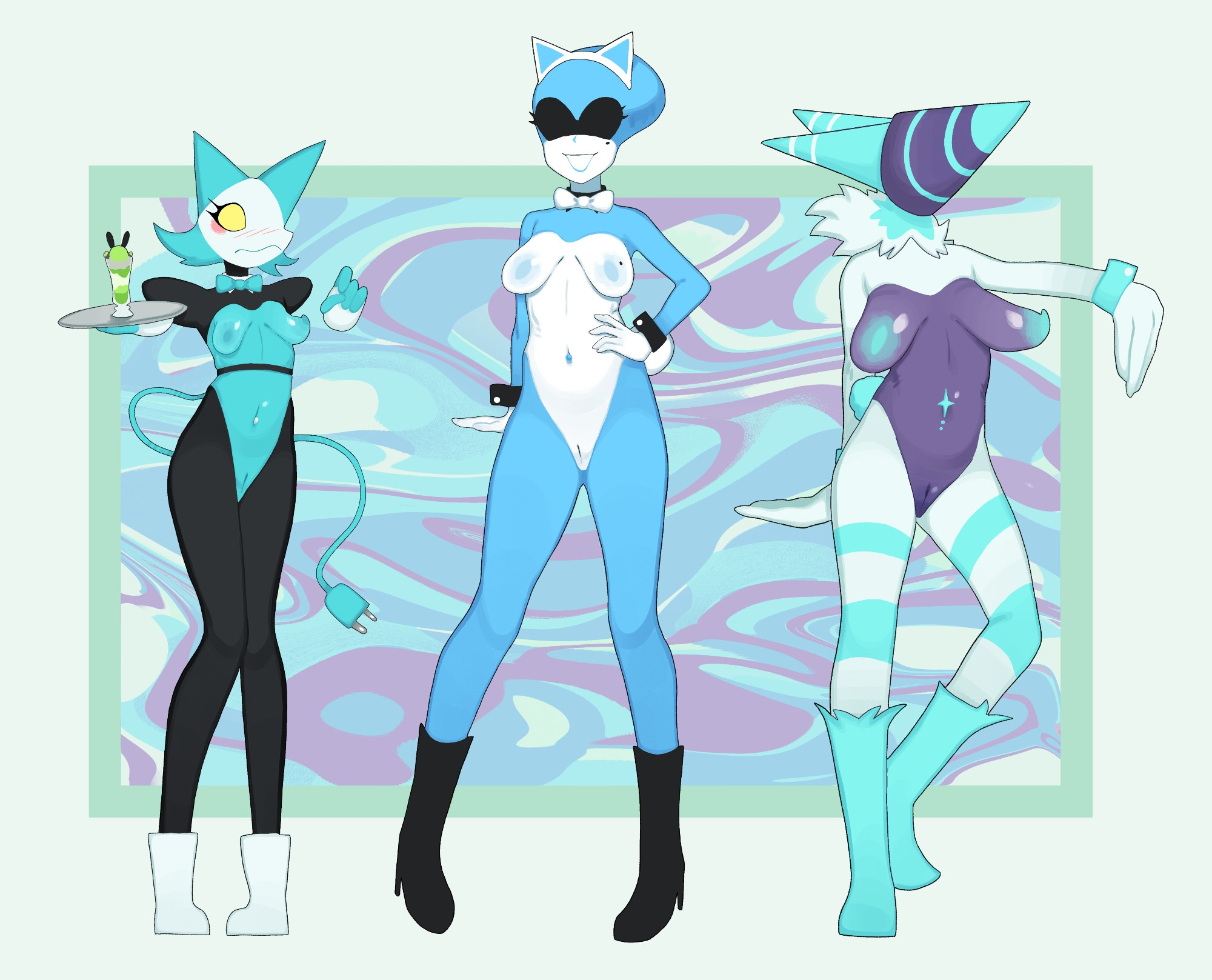 3girls, breasts, deltarune, female, miliorcorn, nude, pussy, queen (deltarune), reverse bunnysuit, tagme, tasque manager (deltarune), werewerewire