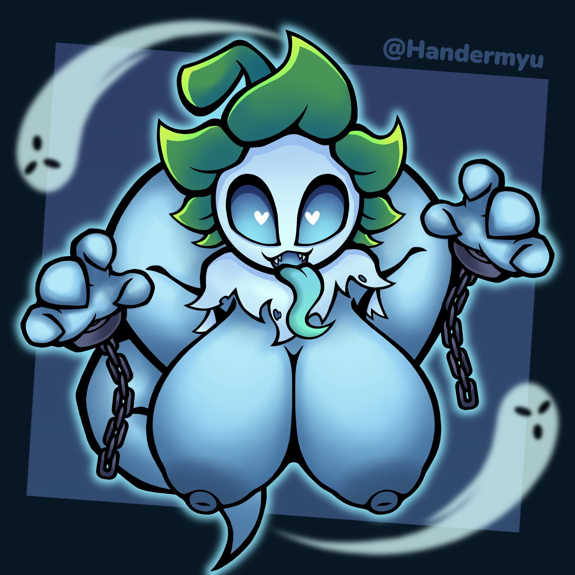 1:1, 1girls, 2025, 4 fingers, anthro, anthrofied, areola, artist name, ass, big breasts, blue body, blue sclera, breasts, chains, claw pose, digital drawing (artwork), digital media (artwork), electronic arts, elemental creature, elemental humanoid, fangs, female, fingers, flora fauna, front view, geometric background, ghost, ghost girl, ghost pepper (pvz), handermyu, heart eyes, heart symbol, hi res, huge breasts, huge hips, humanoid, leaf, long tongue, looking at viewer, mostly nude, nipples, not furry, open mouth, open smile, plant, plant girl, plant humanoid, plantie, plants vs zombies, plants vs. zombies, popcap games, pose, pussy, simple background, smile, solo, spirit, teeth, text, tongue, tongue out, wide hips