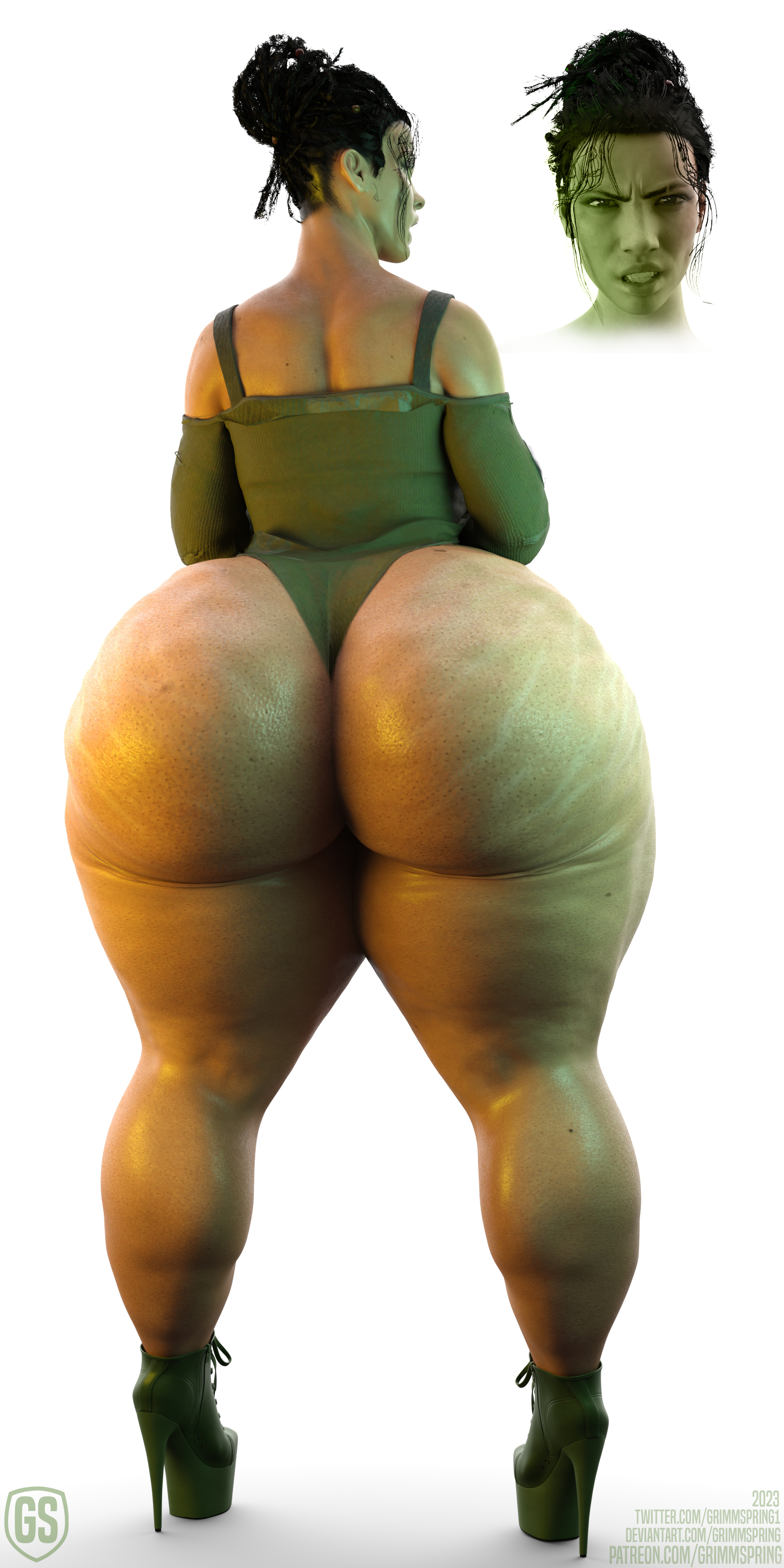 3d, back view, big ass, bigbutt, black hair, cyberpunk 2077, dark hair, grimmspring, high heels, leotard, panam palmer, platform heels, stretch marks, tan, tan skin, thick thighs, watermark, wide hips