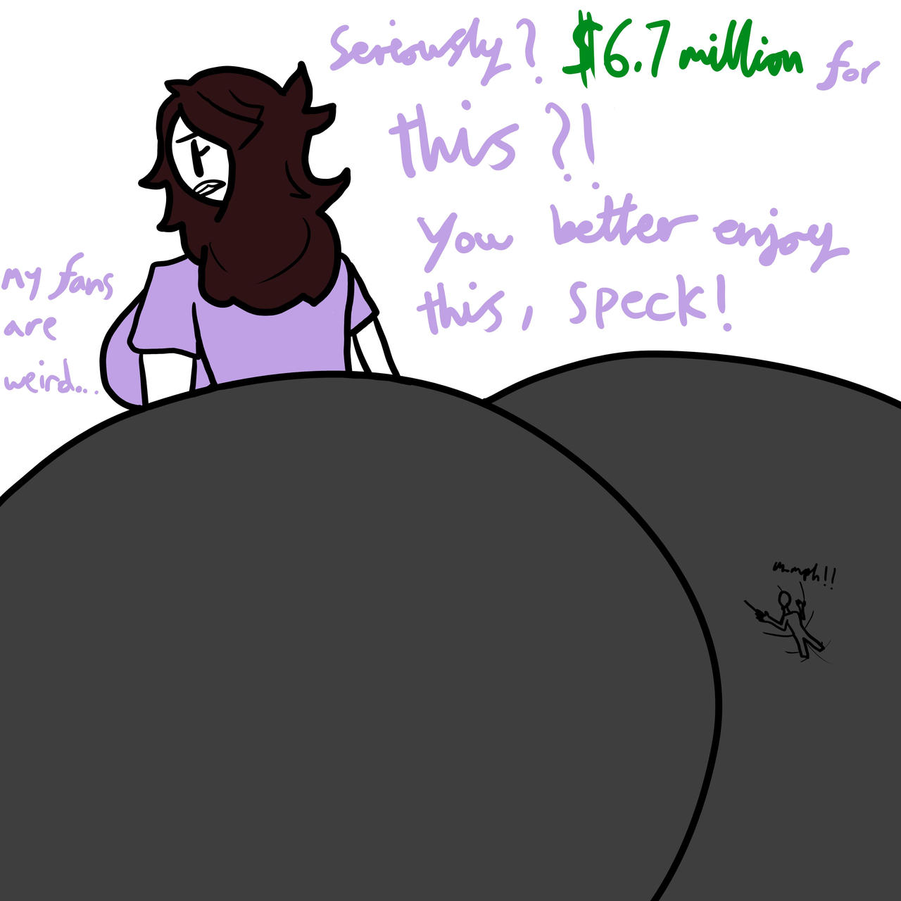 alternate version at source, big ass, english text, excessive ass flesh, giantess, huge ass, hyper ass, jaiden, jaiden (jaiden animations), jaiden animations, micro male, othmanade2, stuck, stuck in ass