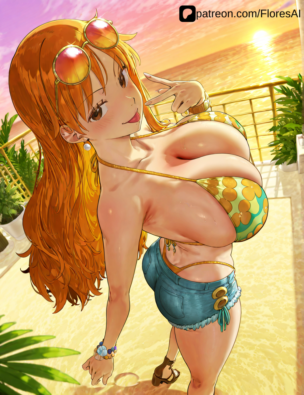 1girls, ai generated, bikini, bikini top, clothing, denim shorts, female, female focus, female only, floresai, huge ass, huge breasts, huge butt, nami (one piece), naughty face, one piece, orange hair, orange-haired female, patreon, patreon url, patreon username, perspective, teasing, teasing viewer, thick thighs, tongue out, voluptuous, wide hips