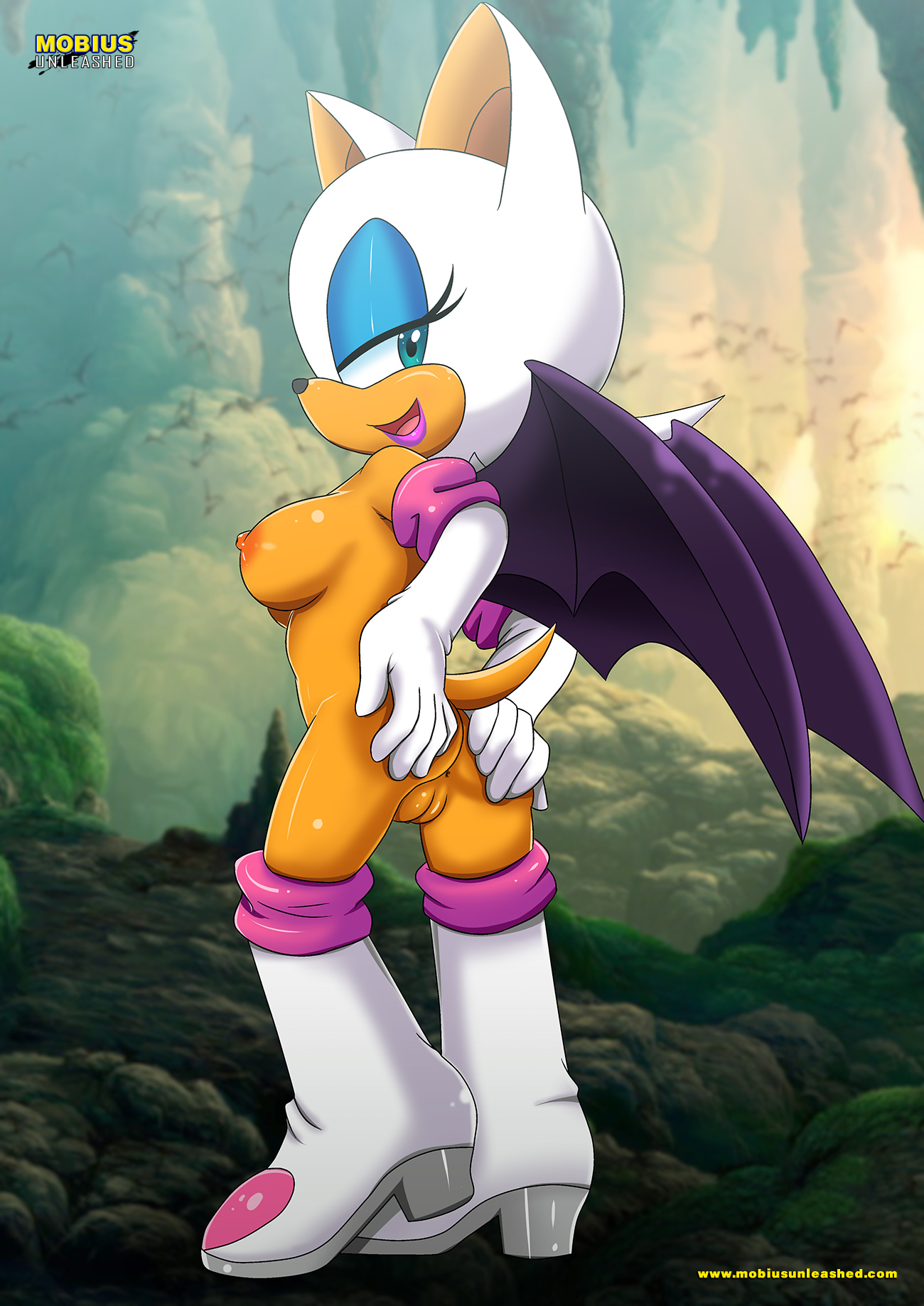 1girls, anus, ass, bat, bat wings, bbmbbf, blue eyes, breasts, cave, eyelashes, female, female only, gloves, high boots, high heels, highres, lipstick, looking at viewer, looking back, mobius unleashed, moss, mostly nude, nipples, outdoors, palcomix, pointy ears, pussy, rouge the bat, sega, sonic (series), spread ass, spreading, tail, vagina, wings