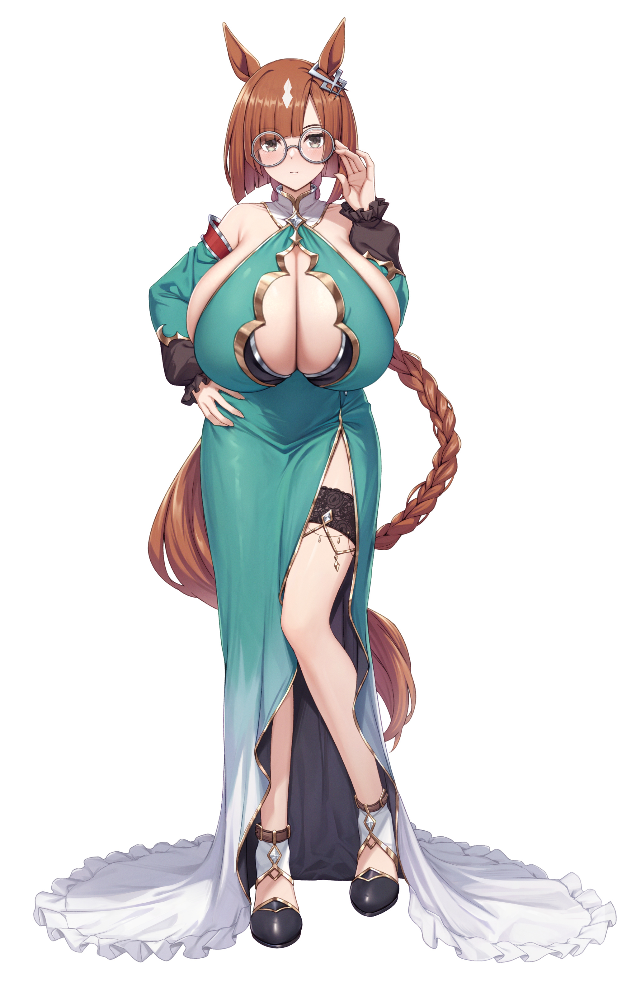 1girls, bare legs, bare shoulders, blunt bangs, blush, bob cut, braided ponytail, breasts, breasts bigger than head, center opening, cleavage, detached sleeves, dress, eyebrows visible through hair, eyewear, female, female only, full body, glasses, green dress, grey eyes, hand on hip, horse ears, horse girl, horse tail, huge breasts, ikuno dictus (umamusume), jellyfish cut, kannko bokujou, looking at viewer, neutral expression, orange hair, paintcan, round glasses, solo, thigh strap, umamusume, umamusume pretty derby, very long hair