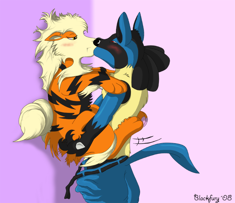2008 ambiguous_gender ambiguous_penetration anthro arcanine blackfury blush canine female feral fur holding kissing lucario mammal nintendo pawpads paws pokemon pokemon_(species) smaller_female tail tongue_kiss