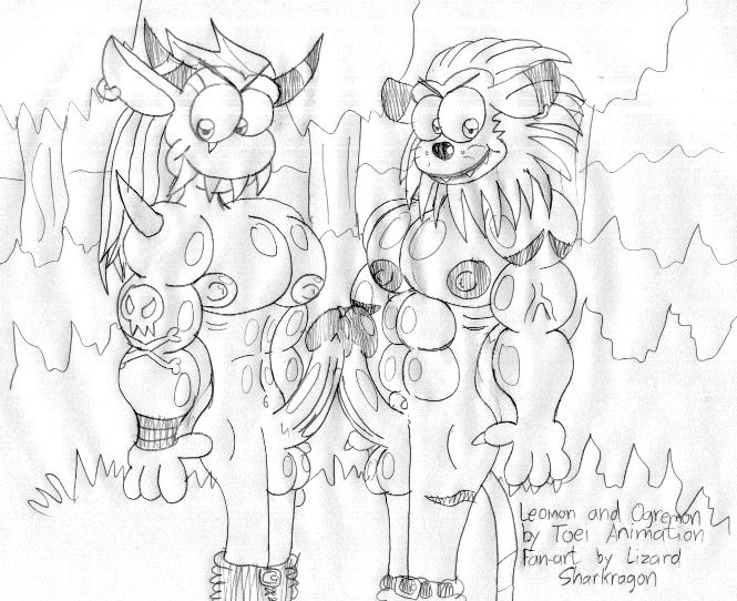 digimon fur furry interspecies leomon male male_only monochrome multiple_males ogremon yaoi