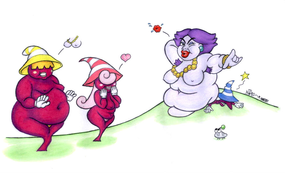 armpit_hair bbw beldam_(mario) breasts chubby madame_flurrie marilyn_(mario) mario_(series) marker_(artwork) nintendo no_areola obese paper_mario puni punio purple_hair shadow_siren simple_background sitting_on_person traditional_media_(artwork) vivian_(paper_mario)