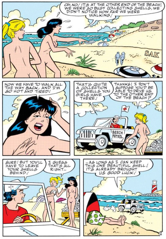2girls archie_comics ass beach betty_and_veronica betty_cooper black_hair blonde_hair breasts female multiple_girls nude page_2 pussy sak veronica_lodge