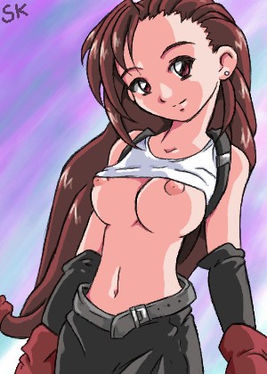 beltskirt black_skirt dave_cheung final_fantasy final_fantasy_vii shirt_up skirt straight_hair tifa_lockhart topless white_shirt