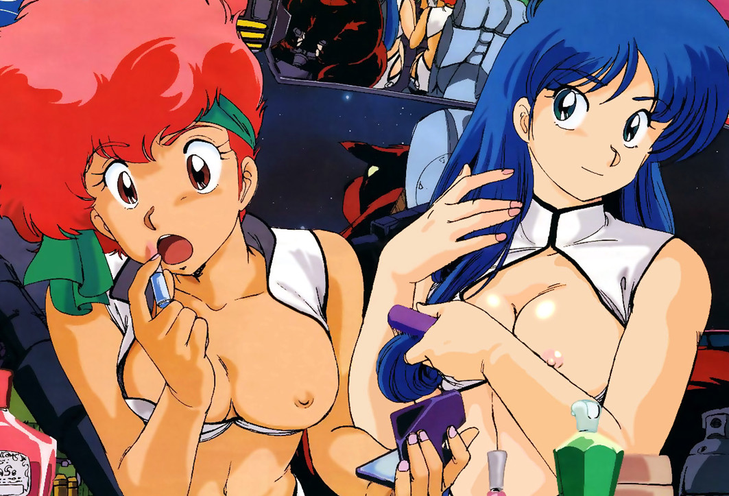 2girls 80s blue_hair breasts dark-skinned_female dark_skin dirty_pair dokite_tsukasa dressing duo edit female female_only hair hairbrush headband human kei_(dirty_pair) large_breasts light-skinned_female light_skin long_hair makeup mughi multiple_girls nipples nude_filter official_art red_hair short_hair tomboy yuri_(dirty_pair)