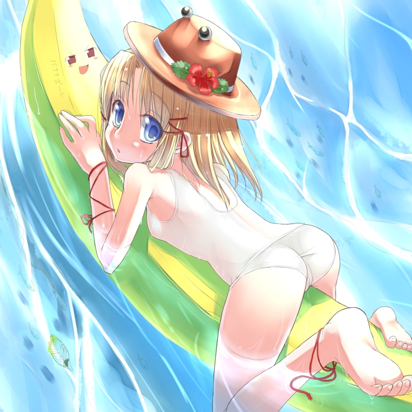 ass banana banana_boat barefoot blonde_hair blue_eyes eyes feet flower girl_on_banana hat hirasato lying on_stomach one-piece_swimsuit ribbon school_swimsuit see-through short_hair solo suwako_moriya swimsuit touhou water wet white_school_swimsuit yukkuri_shiteitte_ne