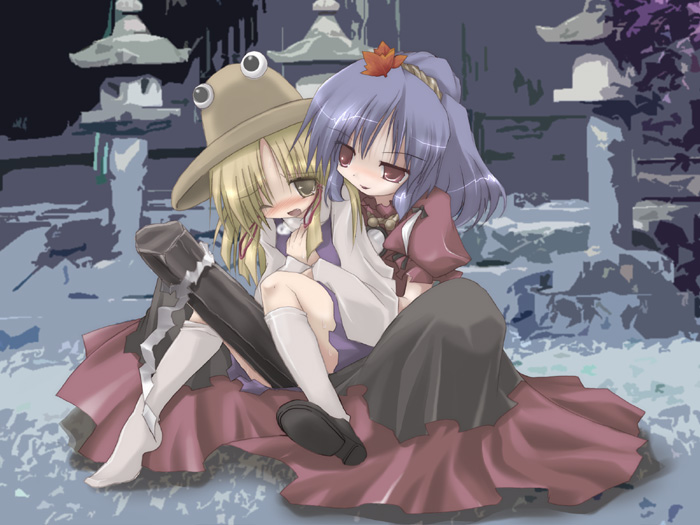 blush female hat kanako_yasaka multiple_girls onbashira shide single_shoe suwako_moriya touhou yuri