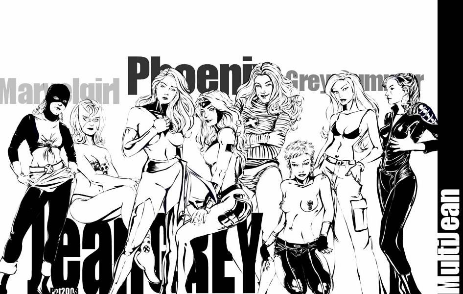 6+girls 8girls bodysuit bra female female_only human human_only jean_grey jeans marvel marvel_girl multiple_girls multiverse nipple_piercing outfit_variant panties pants pat phoenix_(x-men) shorts straight_hair take_your_pick tied_shirt topless ultimate_jean_grey ultimate_x-men x-men x-men_evolution