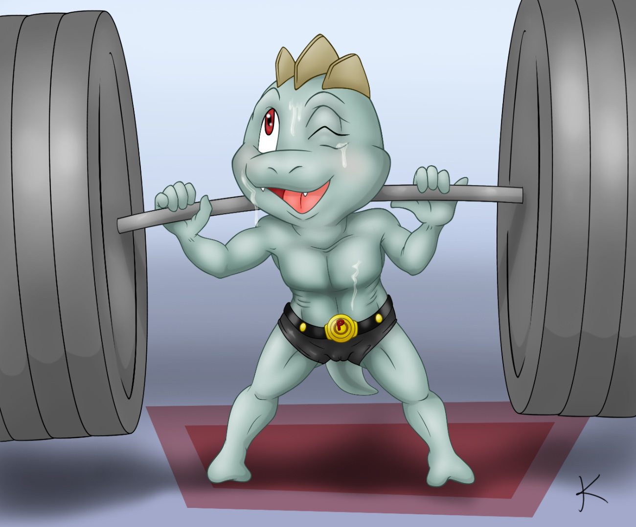 barbell brown_eyes clothing color female female_only flat_chest front_view grey_skin machop open_mouth pokemon pokemon_(species) solo special_k standing weightlifting wink