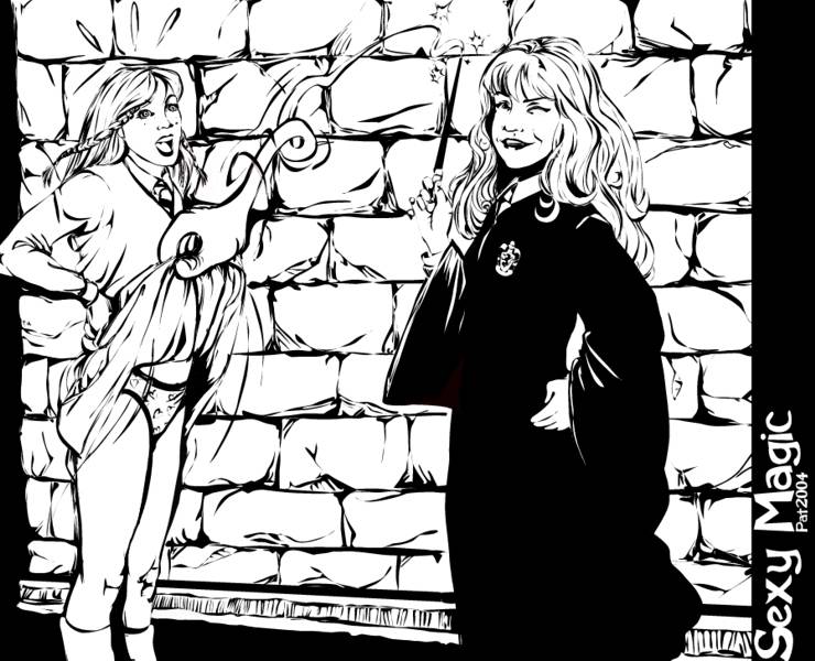 artist_request ginny_weasley harry_potter hermione_granger male_focus monochrome panties pat skirt_lift tagme