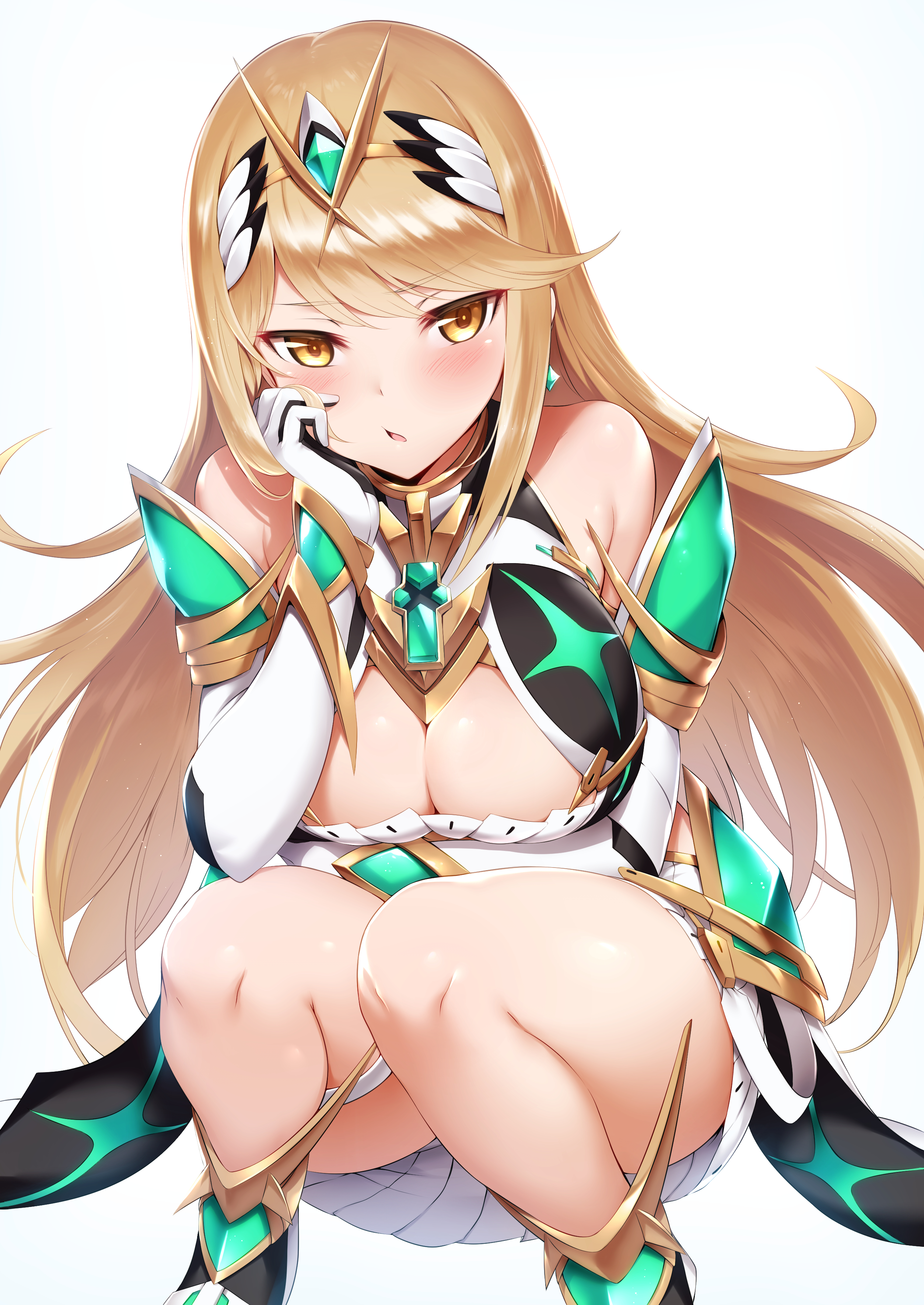 1girls, absurdres, bare shoulders, blonde hair, blush, breasts, bright pupils, cleavage, commentary request, dress, elbow gloves, eyebrows visible through hair, feet out of frame, female, gloves, hand on own cheek, headpiece, highres, large breasts, long hair, looking at viewer, m-da s-tarou, mythra (xenoblade), nintendo, parted lips, pleated dress, seiza, sitting, solo, squatting, white dress, white gloves, xenoblade (series), xenoblade chronicles 2, yellow eyes
