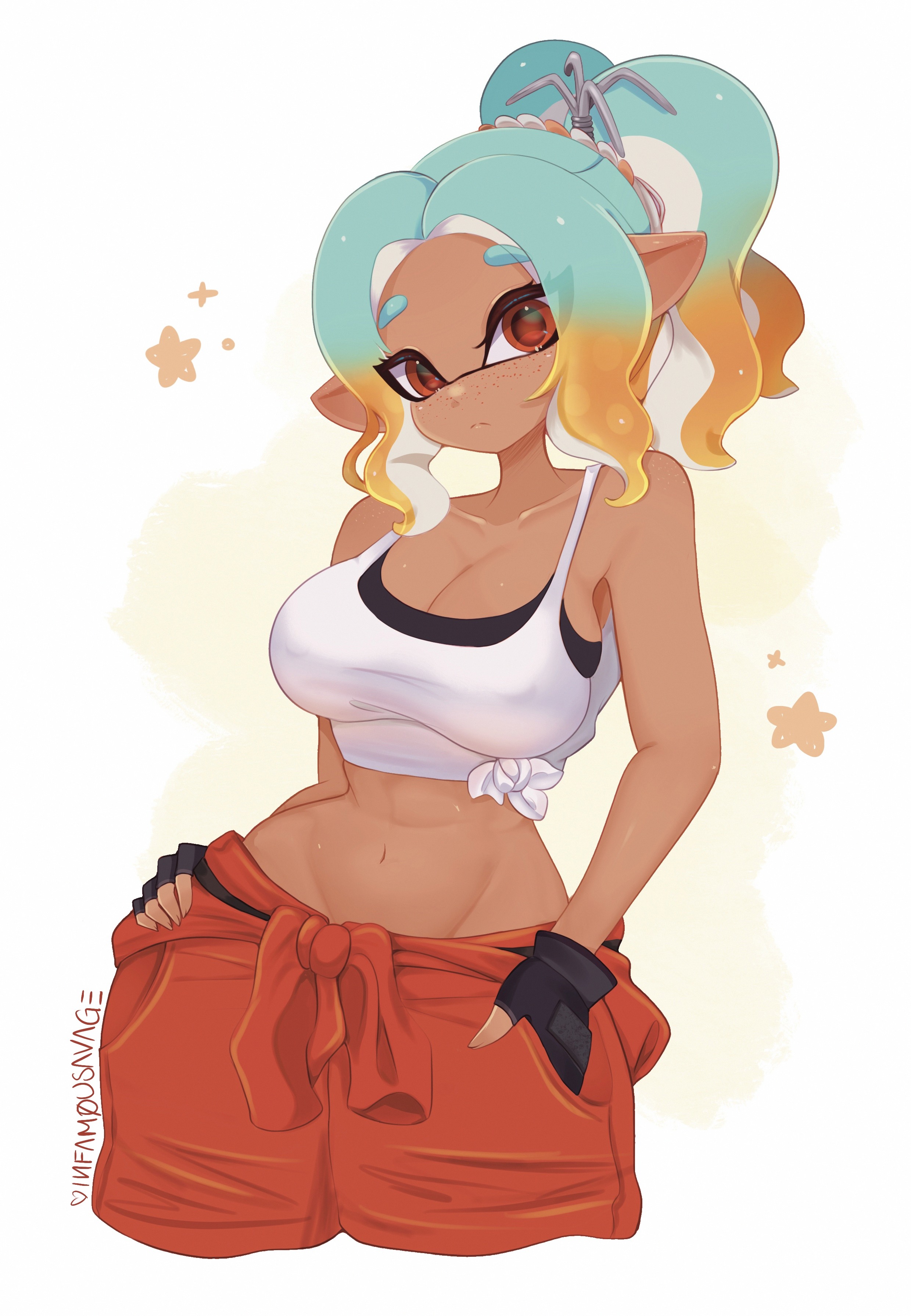 1girls, 2025, artist name, artist signature, breasts, clothed female, dark skin, dark-skinned female, female, female focus, freckles on face, infamousavage, inkling, inkling girl, mechanic (splatoon raiders), nintendo, pants, solo, solo female, solo focus, splatoon, splatoon (series), splatoon raiders, tank top, twitter link