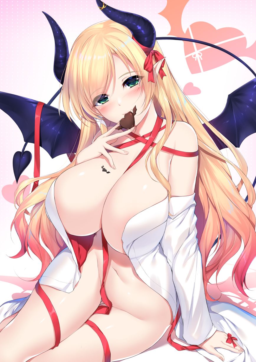 1girls, artist request, black wings, blonde hair, blush, breasts, chocolate, cleavage, commentary request, convenient censoring, demon, demon girl, demon tail, eating, eyebrows visible through hair, female, fingernails, green eyes, heart, hololive, hololive gen 2, hololive japan, horns, labcoat, large breasts, looking at viewer, navel, pointy ears, red ribbon, simple background, sitting, smile, solo, succubus, tail, tail raised, tattoo, virtual youtuber, yuzuki choco