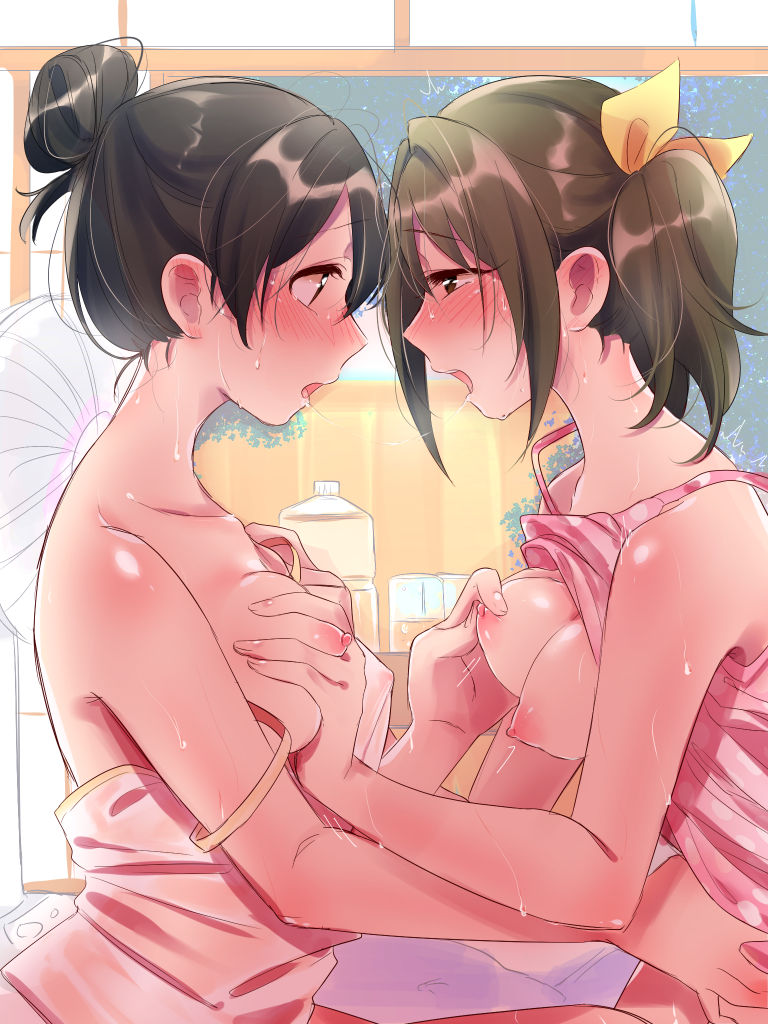 2girls after_kiss bare_shoulders black_hair blush breast_grab breasts brown_eyes brown_hair clothes_down deep_skin eye_contact eyebrows_visible_through_hair grabbing hair_bun half-closed_eyes hand_holding heavy_breathing idolmaster idolmaster_cinderella_girls imai_kana jamu long_hair looking_at_another medium_breasts multiple_girls nipple_tweak nipples nose_blush open_mouth saliva saliva_trail short_hair strap_slip sweat tank_top tongue tongue_out twintails yaguchi_miu yuri