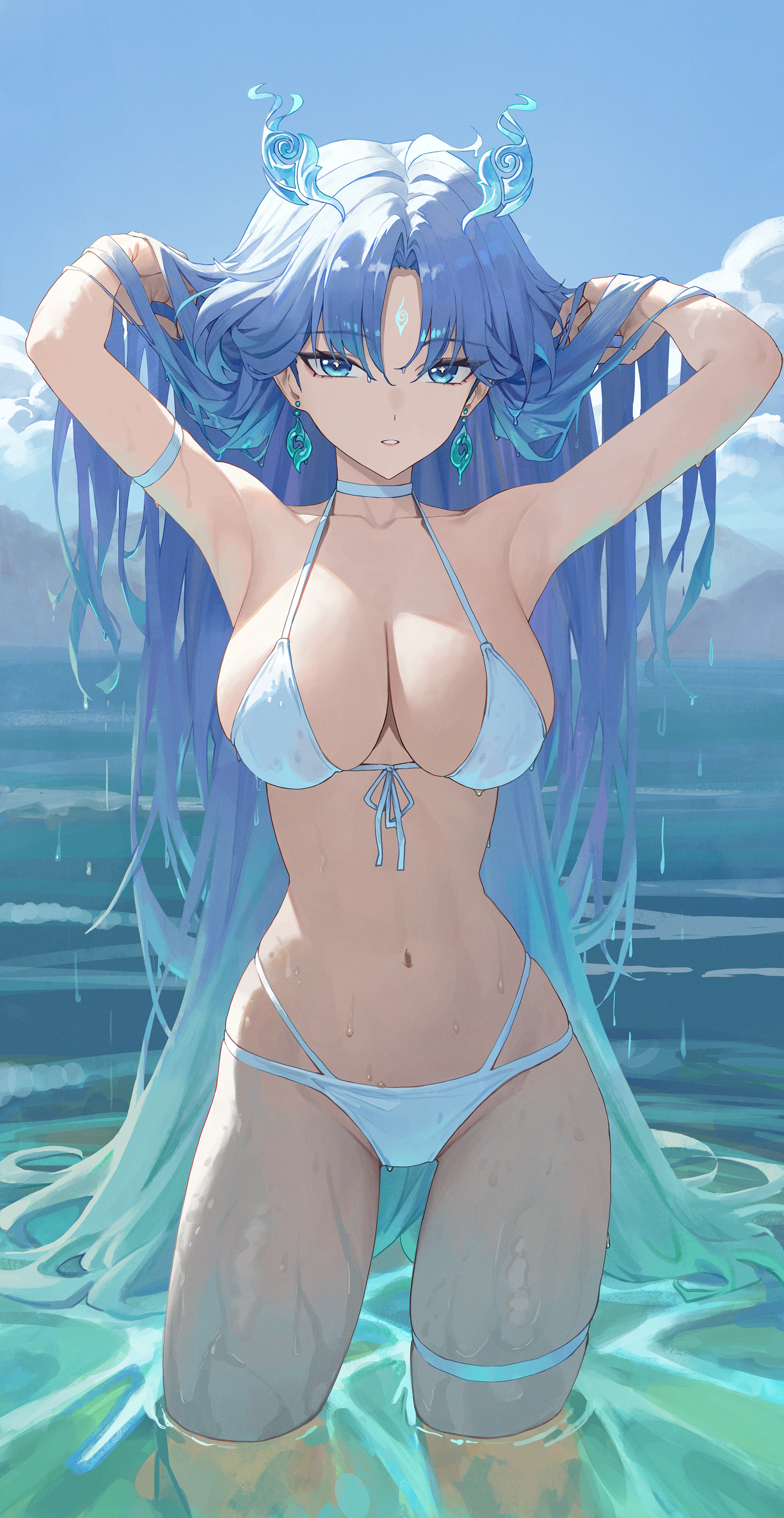 1girls, big breasts, bikini, blue eyes, blue hair, breasts, breasts out, exposed breasts, female, in water, large breasts, long hair, qingxiao (wuthering waves), swimsuit, very long hair, wet, white bikini, white swimsuit, wuthering waves