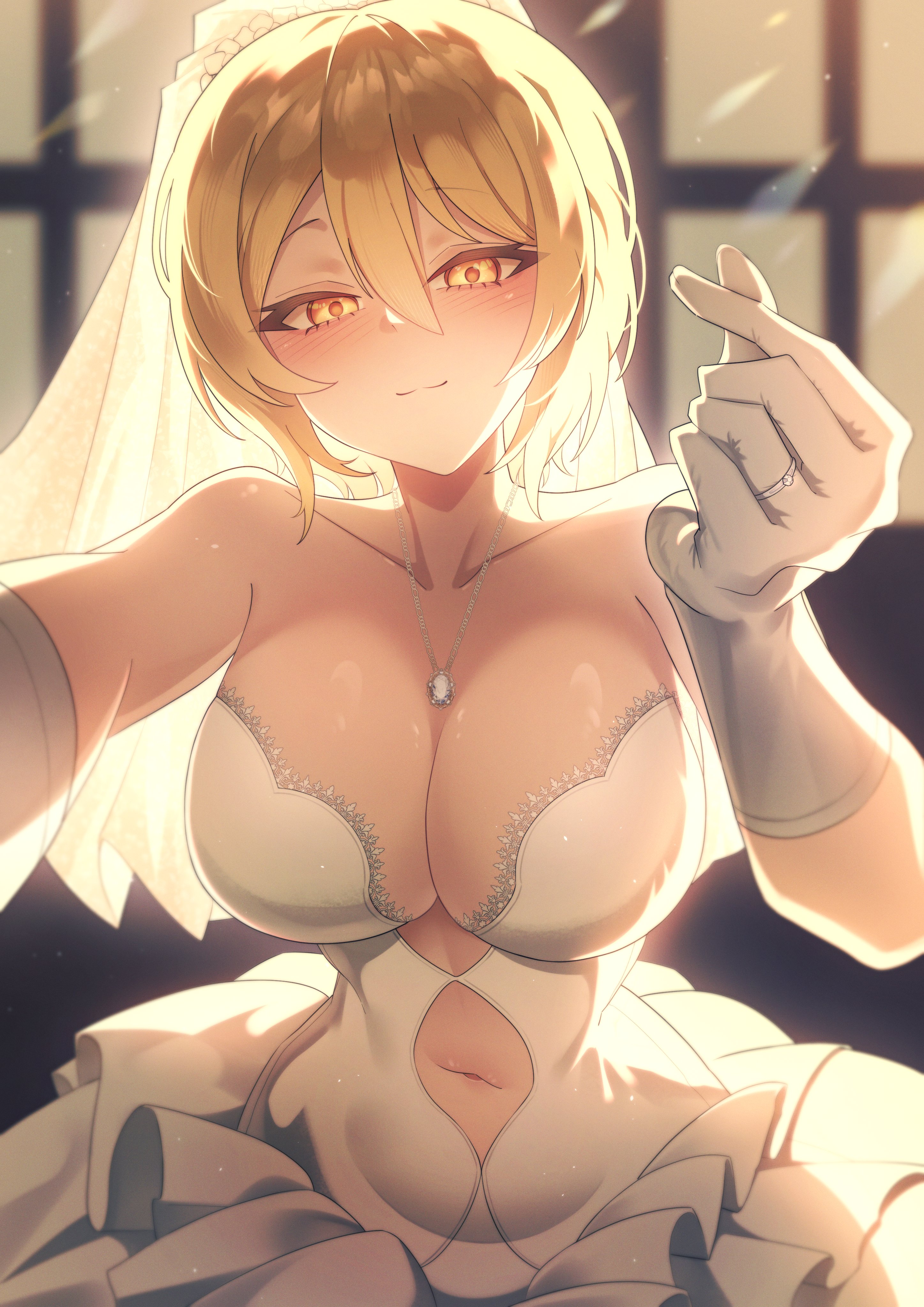 1girl, absurdres, bare shoulders, blonde hair, blush, bob cut, breasts, bridal veil, cleavage, clothing cutout, commentary request, don quixote (limbus company), dress, finger heart, frilled dress, frills, full cleavage, gloves, highres, jewelry, large breasts, layer (layer illust), limbus company, looking at viewer, navel cutout, necklace, outstretched arm, pendant, project moon, reaching, reaching towards viewer, ring, short hair, solo, strapless, strapless dress, under-elbow gloves, veil, wedding dress, wedding ring, white dress, white gloves, white veil, window, yellow eyes