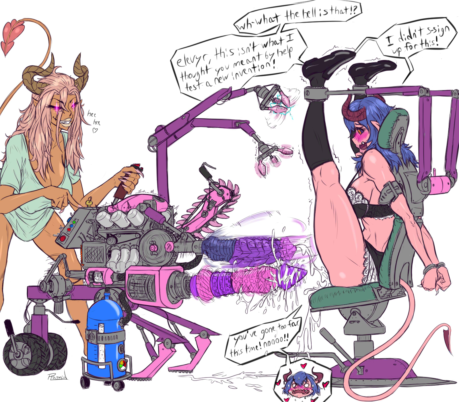 bondage, demon, demon girl, female, imminent penetration, imminent rape, machine, orange skin, pink skin, plasmidhentai, restrained, sex machine, succubus