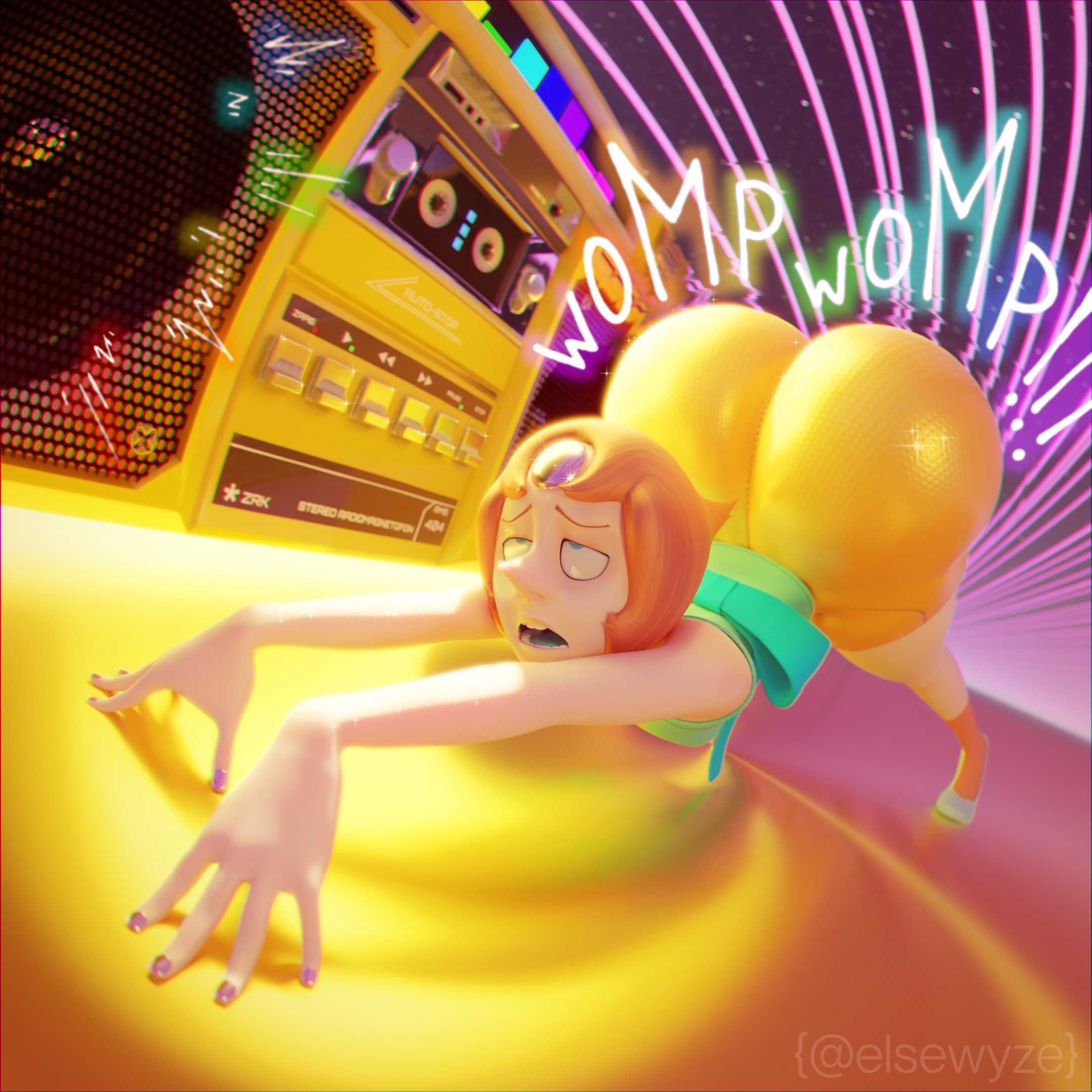 1girls, 3d, 3d (artwork), ass expansion, elsewyze, fat ass, female only, gem (species), gold boombox (prevence), huge ass, hypnosis, pale-skinned female, pearl (steven universe), short hair, steven universe, twerk hypnosis, twerking