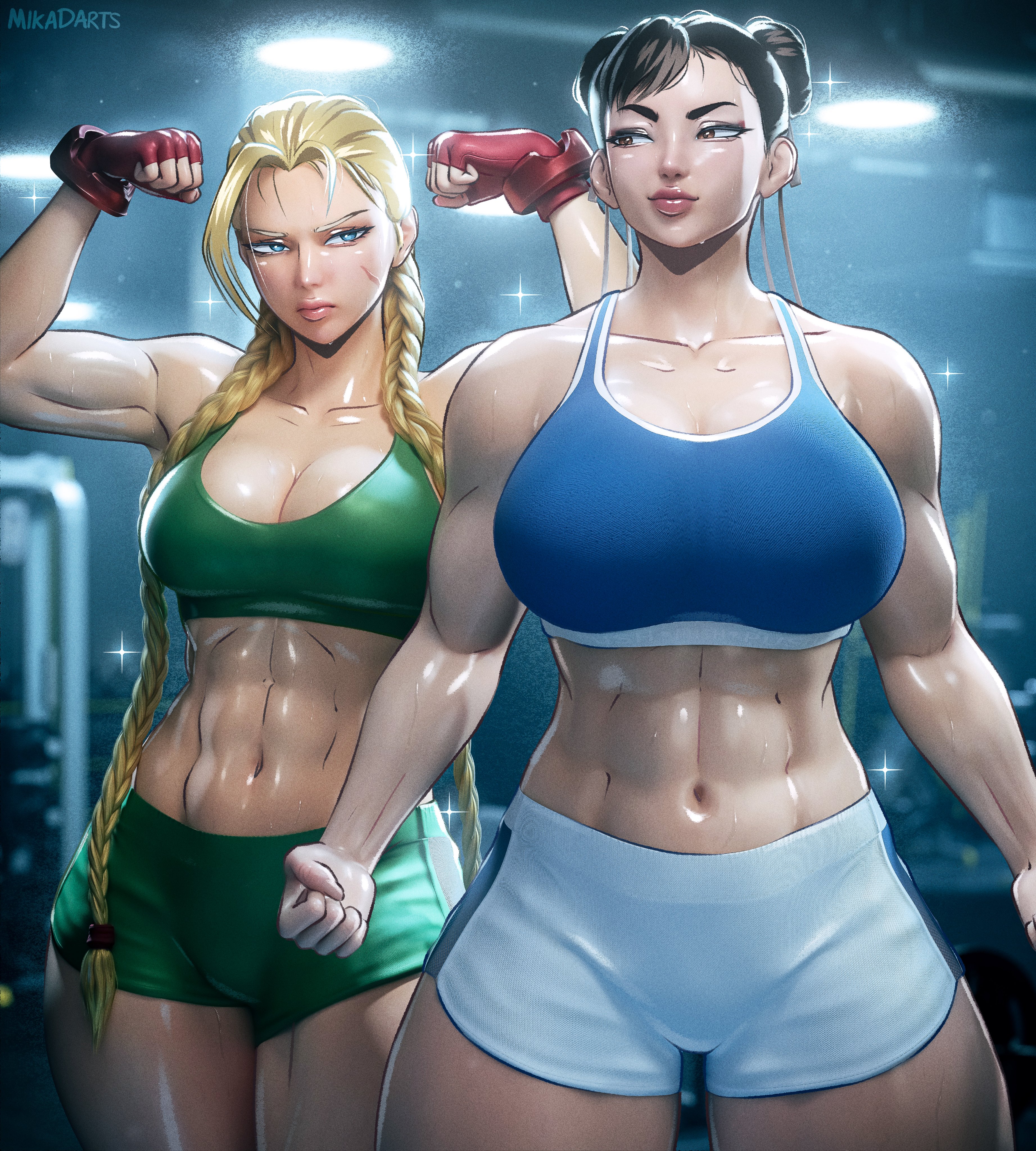2girls, abs, absurdres, biceps, big breasts, black hair, blonde hair, braid, breast size difference, breasts, broad shoulders, cammy white, capcom, chun-li, cleavage, collarbone, commentary, double bun, exercise machine, fingerless gloves, fitness gym, flexing, gloves, gym shorts, hair bun, hair over shoulder, highres, huge breasts, large breasts, legs apart, legs together, lips, mikadawn, multiple girls, muscular, muscular female, navel, scar, scar on face, shiny skin, short shorts, shorts, side-by-side, sparkle, stomach, street fighter, thick thighs, thighs, trait connection, twin braids, voluptuous