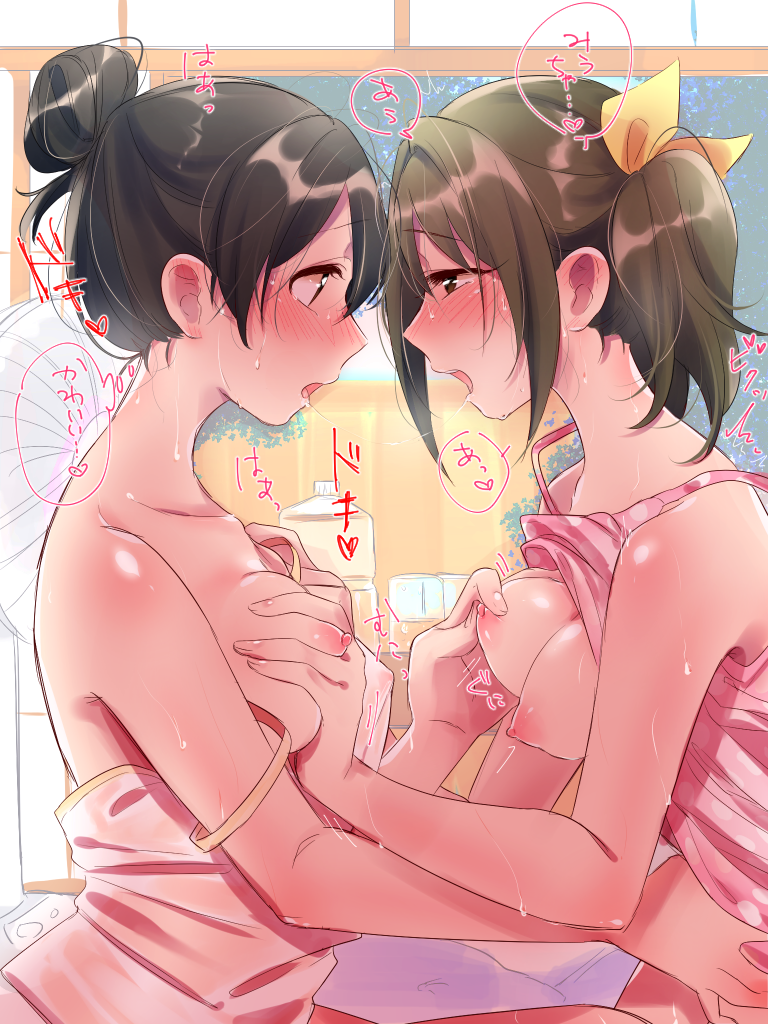 2girls after_kiss bare_shoulders black_hair blush breast_grab breasts brown_eyes brown_hair clothes_down commentary_request deep_skin eye_contact eyebrows_visible_through_hair grabbing hair_bun half-closed_eyes hand_holding heavy_breathing idolmaster idolmaster_cinderella_girls imai_kana indoors jamu long_hair looking_at_another medium_breasts multiple_girls nipple_tweak nipples nose_blush open_mouth saliva saliva_trail short_hair sliding_doors strap_slip sweat tank_top tongue tongue_out translation_request twintails yaguchi_miu yuri