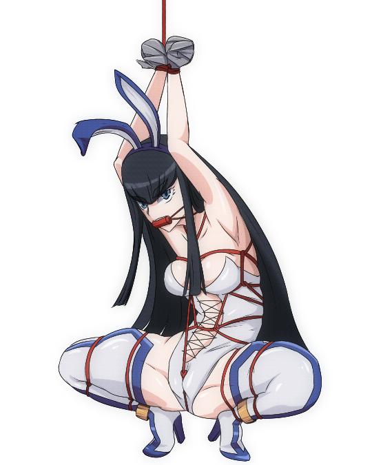 1girls angry_sub armpits arms_above_head bit_gag black_hair blue_eyes bondage bunny_ears bunny_girl bunnysuit crotch_rope female femsub glare glaring high_heels kill_la_kill kiryuuin_satsuki legs_apart nuart.3a2 scowl studio_trigger ultra_super_pictures