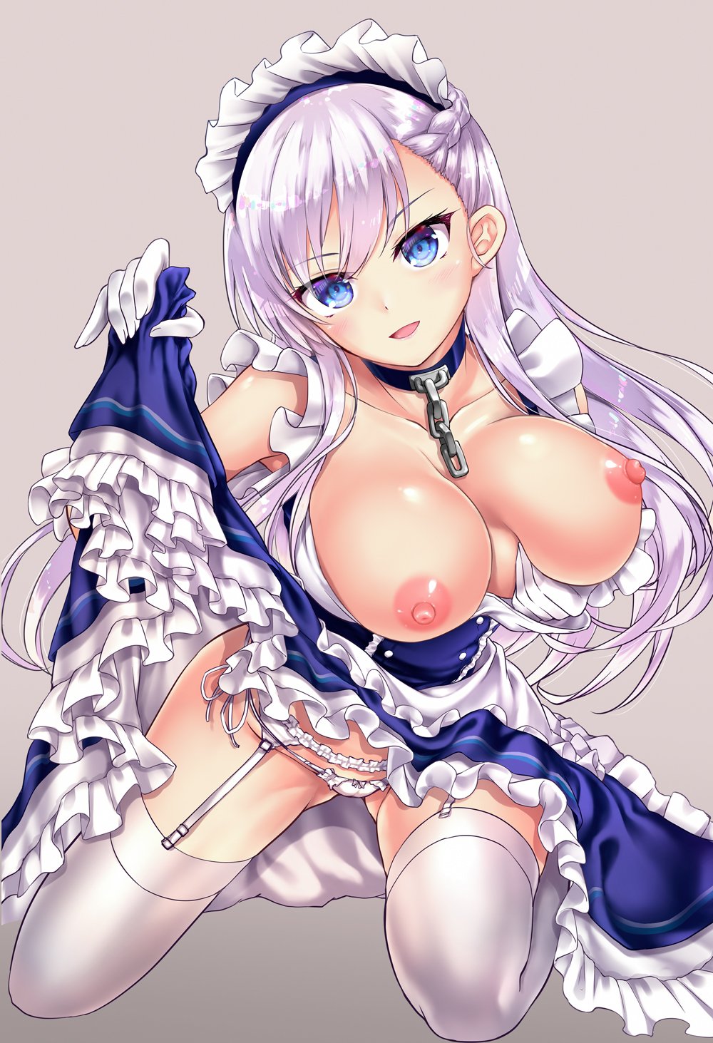 akizuki_akina apron ass_visible_through_thighs asymmetrical_bangs azur_lane bangs belfast_(azur_lane) blue_eyes blush bow bow_panties braid breast_grab breasts chains choker collarbone commentary_request dress eyebrows_visible_through_hair female frilled_dress frilled_garter_belt frilled_panties frilled_sleeves frills garter_belt garter_straps gloves grabbing grey_background hand_up highres kneeling large_breasts lips long_hair looking_at_viewer lowleg lowleg_panties maid maid_apron maid_headdress nipples open_mouth panties side-tie_panties silver_hair simple_background skirt skirt_lift sleeveless smile solo thighhighs underwear white_gloves white_legwear white_panties