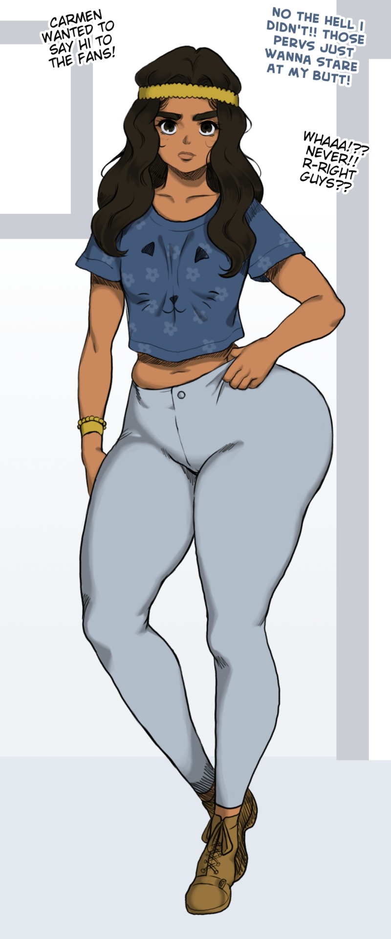 ass, big ass, big butt, black hair, boots, bottom heavy, carmen and kelsie, carmen marvello, dark skin, dark-skinned female, female, female only, flat chest, huge ass, jay-marvel, latina, pinup, solo, solo female, text, thick eyebrows, thick thighs, tight clothing, wide hips, yoga pants