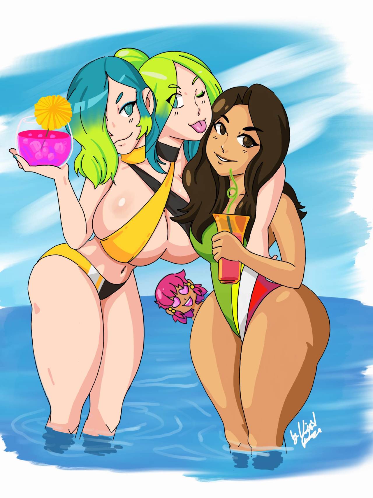 2_heads 2girls ass beach big_ass big_breasts bikini blue_hair breasts carmen_and_kelsie carmen_marvello conjoined corza dark-skinned_female dark_skin fanart freak_show green_hair heart heart-shaped_pupils huge_breasts latina multi_head multicolored_hair pinup polynesian siamese siamese_twins swimsuit twins vivid_daze wide_hips zola_and_zuri