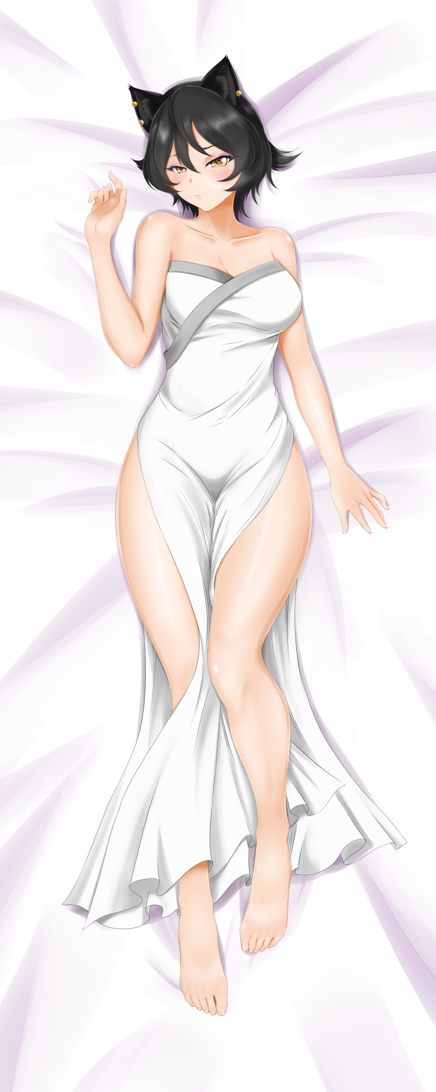 5 fingers, alternate costume, animal ears, bare arms, bare legs, bare shoulders, barefoot, bed, black hair, blush, breasts, cat ears, cat girl, catgirl, cleavage, closed mouth, collarbone, dakimakura, dress, earrings, eyebrows visible through hair, eyeshadow, feet, female, female only, from above, full body, hair between eyes, hand up, highres, jewelry, kali belladonna, kemonomimi, kimmy77, large breasts, long dress, looking at viewer, lying, makeup, milf, neck, on back, on bed, rwby, shiny, shiny skin, short hair, shy, side slit, solo, strapless, strapless dress, white dress, yellow eyes
