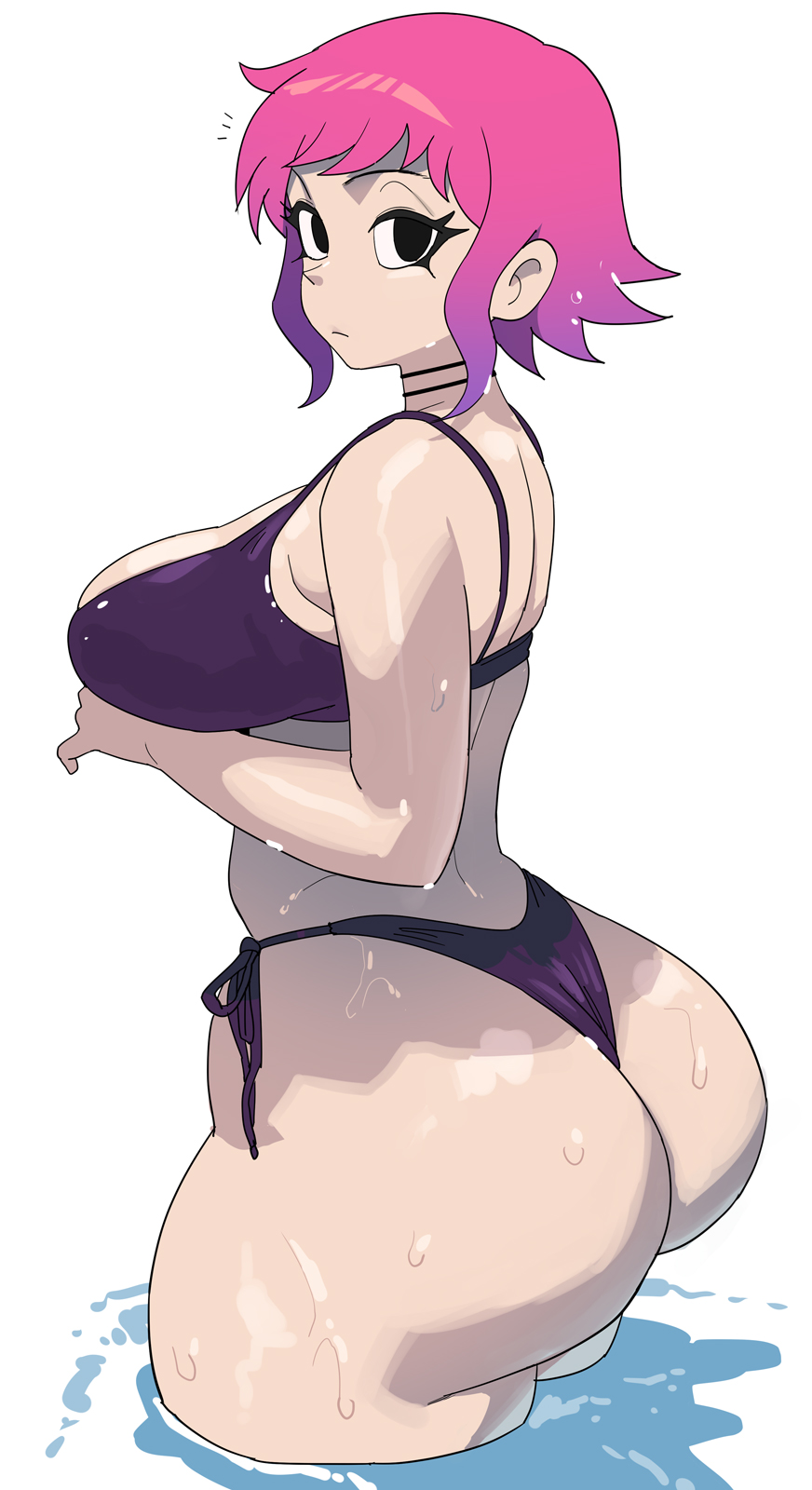 ass, bikini, black eyes, bubble butt, female, female only, gradient hair, huge ass, large breasts, pink hair, purple bikini, ramona flowers, scott pilgrim, scott pilgrim (series), scott pilgrim takes off, short, side-tie bikini, simple background, surprised, thick ass, thick thighs, wet, wet ass, white background, y agc, yuta agc
