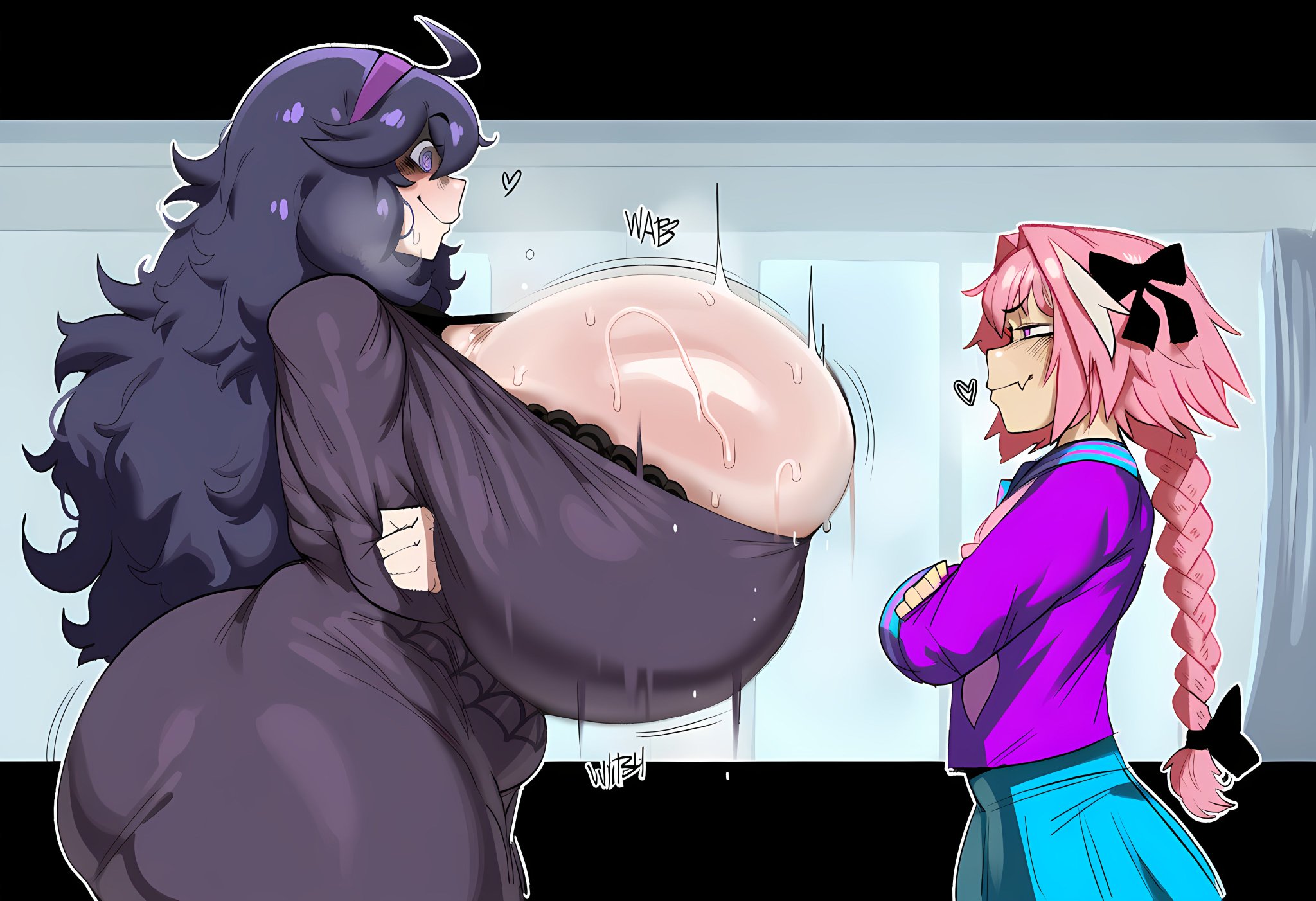 1boy1girl, 1girl1boy, ai generated, astolfo (fate), big ass, big breasts, fate (series), femboy, hex maniac, hexaru, hyper breasts, jiggling breasts, large ass, large breasts, larger female, massive breasts, pokemon, side view, smaller male, smug, smug face, thick thighs