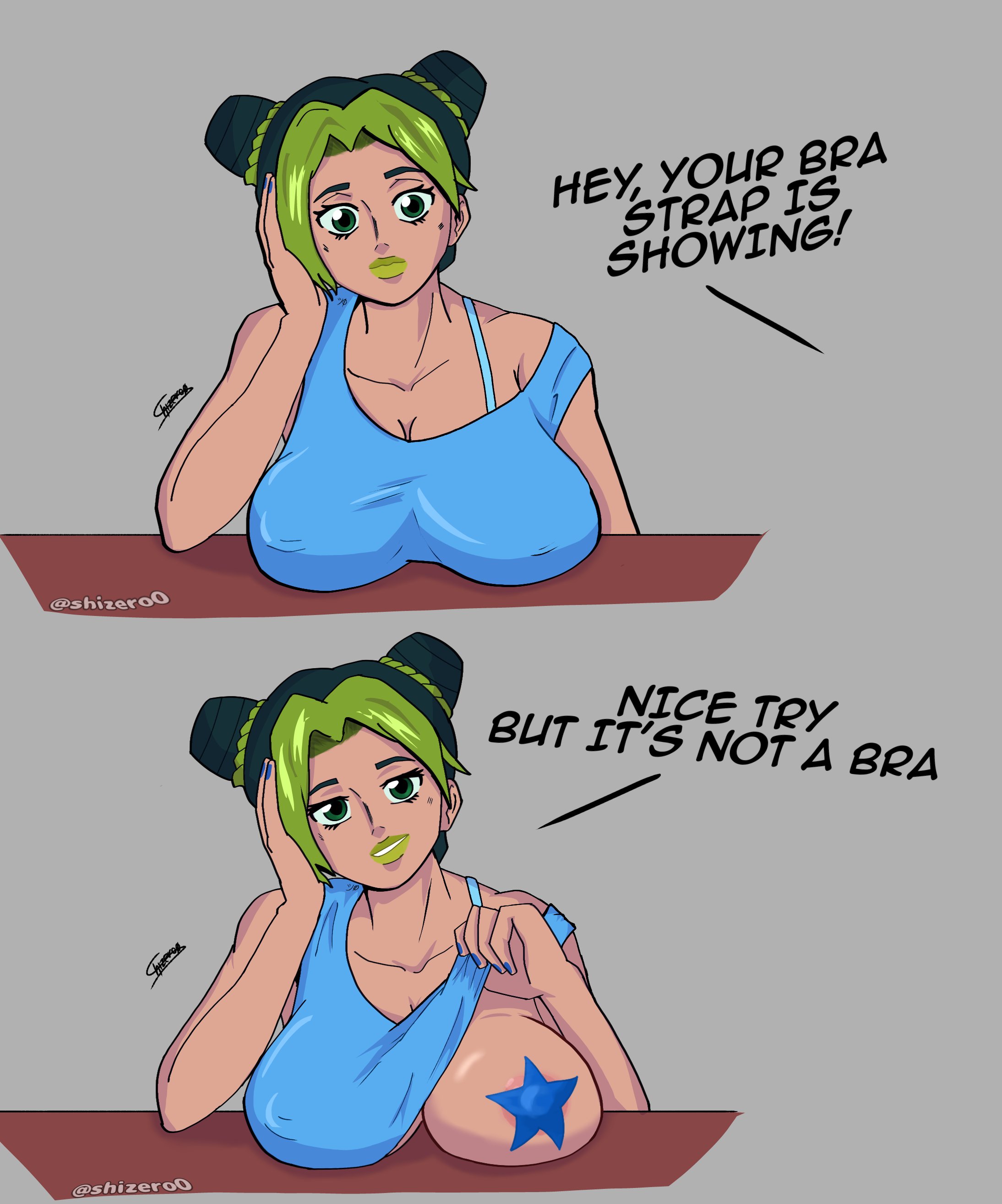 1girls, big breasts, blue nails, blue shirt, bra strap is showing (meme), breasts, dialogue, female, flashing, green eyes, green hair, green lipstick, hand on head, jojo's bizarre adventure, jolyne kujo, one breast out, pasties, stone ocean, table