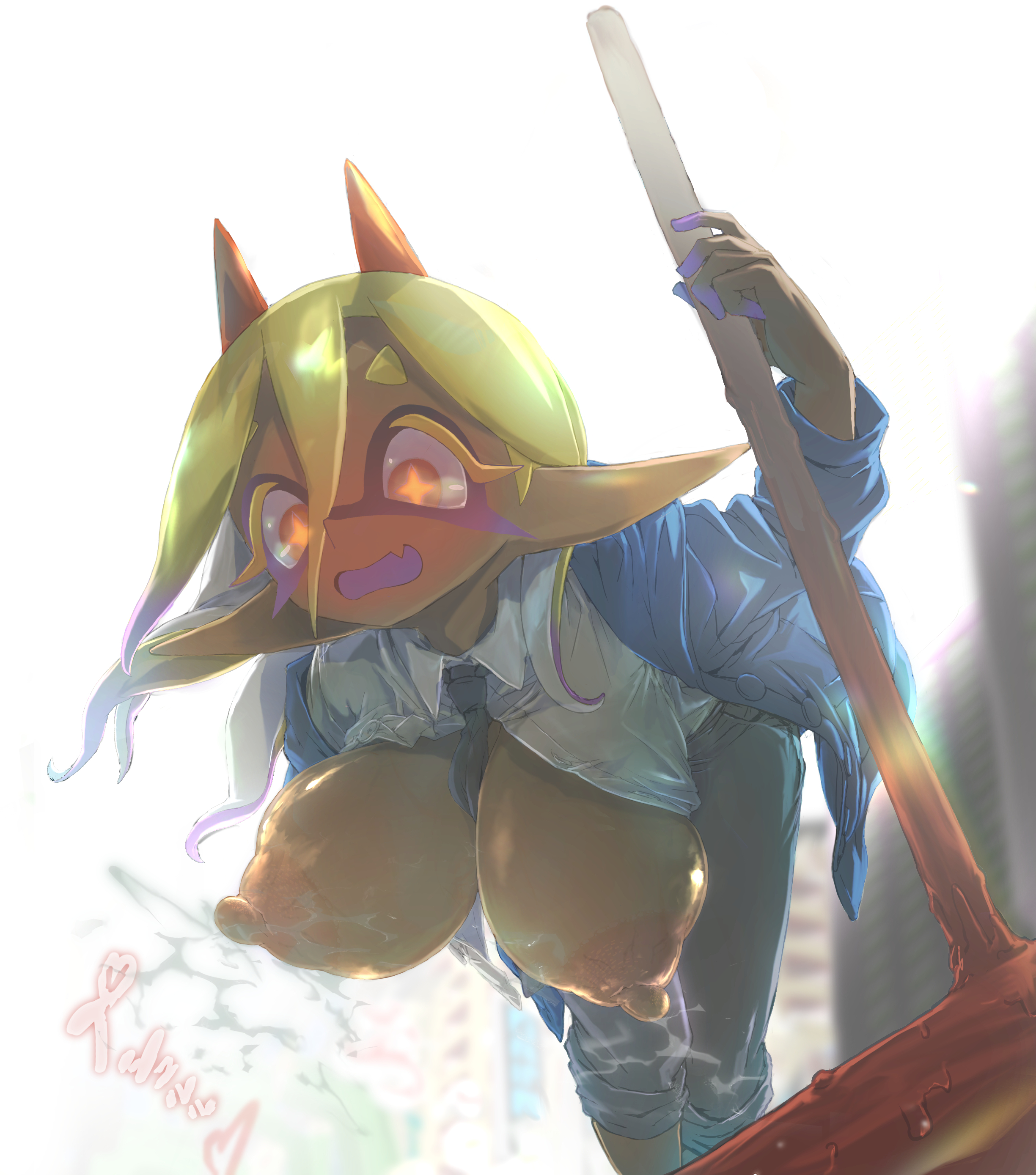 1girls, alternate costume, breasts, breasts out, cleavage, cosplay, female, frye (splatoon), hammer, hideyoshi (swliyhbpe9xqqze), inkling, inkling girl, large breasts, leaning forward, looking at viewer, nintendo, nipples, open mouth, ponytail, power (chainsaw man) (cosplay), splatoon, splatoon (series), splatoon 3, tentacle hair, thighs, two-tone hair