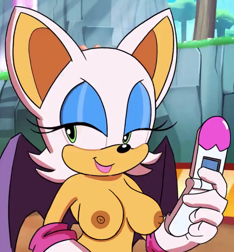 areolae bat bat_wings bedroom_eyes breasts casual_nudity edit edited eyelashes female female_focus flip_phone furry green_eyes holding_phone lips lipstick looking_to_the_side nipples nude nude_edit public_nudity rouge_the_bat sega smile sonic_(series) team_sonic_racing team_sonic_racing_overdrive white_fur white_hair wings