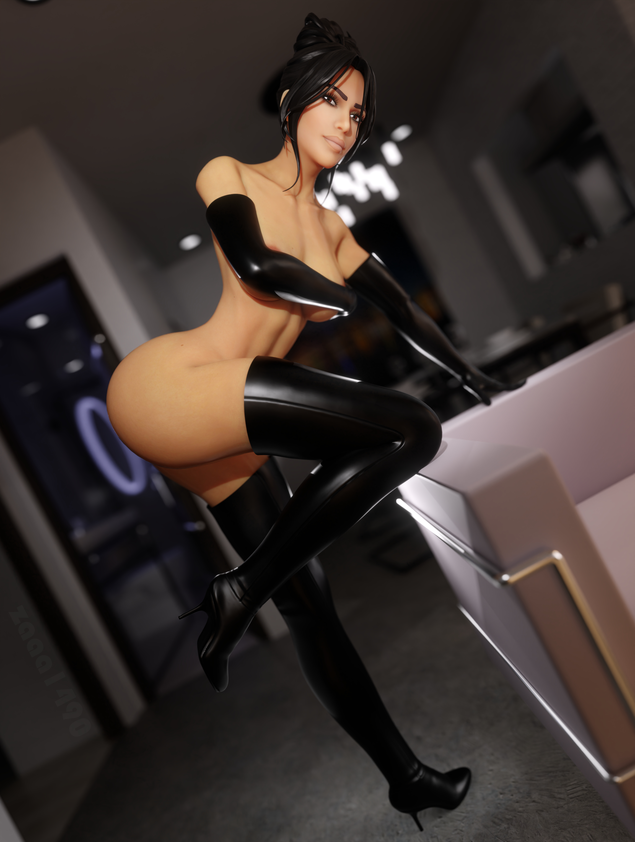 1girls, 3d, 3d (artwork), ass, black hair, blender, blender (software), breasts, celebrity, female, female focus, female only, fit, fit female, fortnite, fortnite: battle royale, gloves, high heels, kim kardashian, kim kardashian (fortnite), legs, looking at viewer, modeling, naked, naked female, naked footwear, nude, nude female, pose, posing, posing for the viewer, thigh boots, zaaa1490