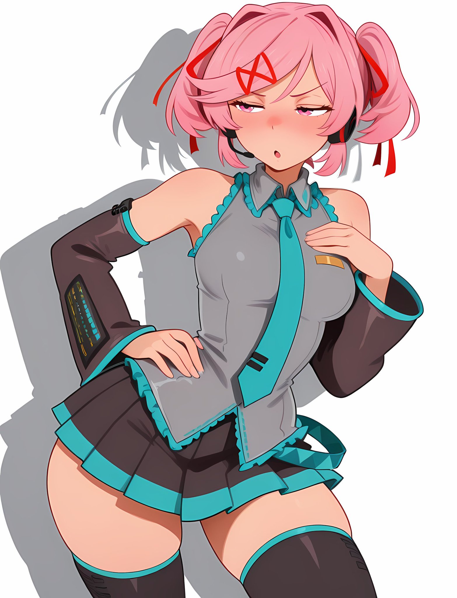 1female, 1girl, 1girls, 2026, ai, ai generated, ai-created, alternate outfit, blush, blushing, blushing female, ddlc, doki doki literature club, female, female focus, female only, hatsune miku (cosplay), human, human only, leaning to the side, light skin, light-skinned female, looking away, natsuki (doki doki literature club), no background, pink eyes, pink hair, pleated miniskirt, pleated skirt, skirt, stockings, team salvato, white body, white skin