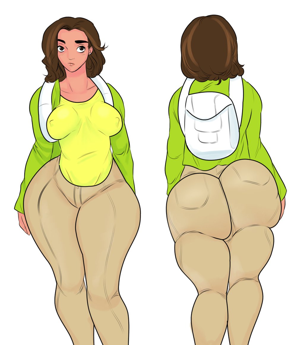 1girls, ass, backpack, big ass, big butt, carmen and kelsie, carmen marvello, curvy, earrings, erect nipples, erect nipples under clothes, female, female only, from behind, huge ass, jay-marvel, latina, model sheet, nipples, no bra, pinup, schoolgirl, simple background, solo, teenager, thick thighs, tight clothing, wide hips