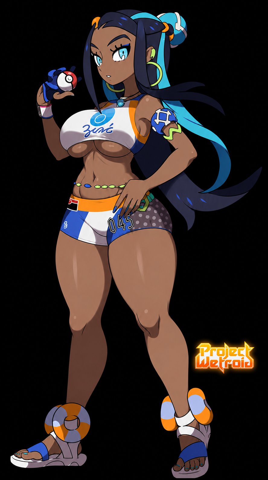 1girls, artist logo, artist name, blue eyes, blue hair, boob window, breasts squeezed together, dark-skinned female, earrings, edit, edited official artwork, female only, gloves, hand on hip, hoop earrings, nessa (pokemon), official art, pokemon, pokemon ss, projectwetroid, rurina (pokemon), sandals, shorts, thick thighs, topwear, underboob