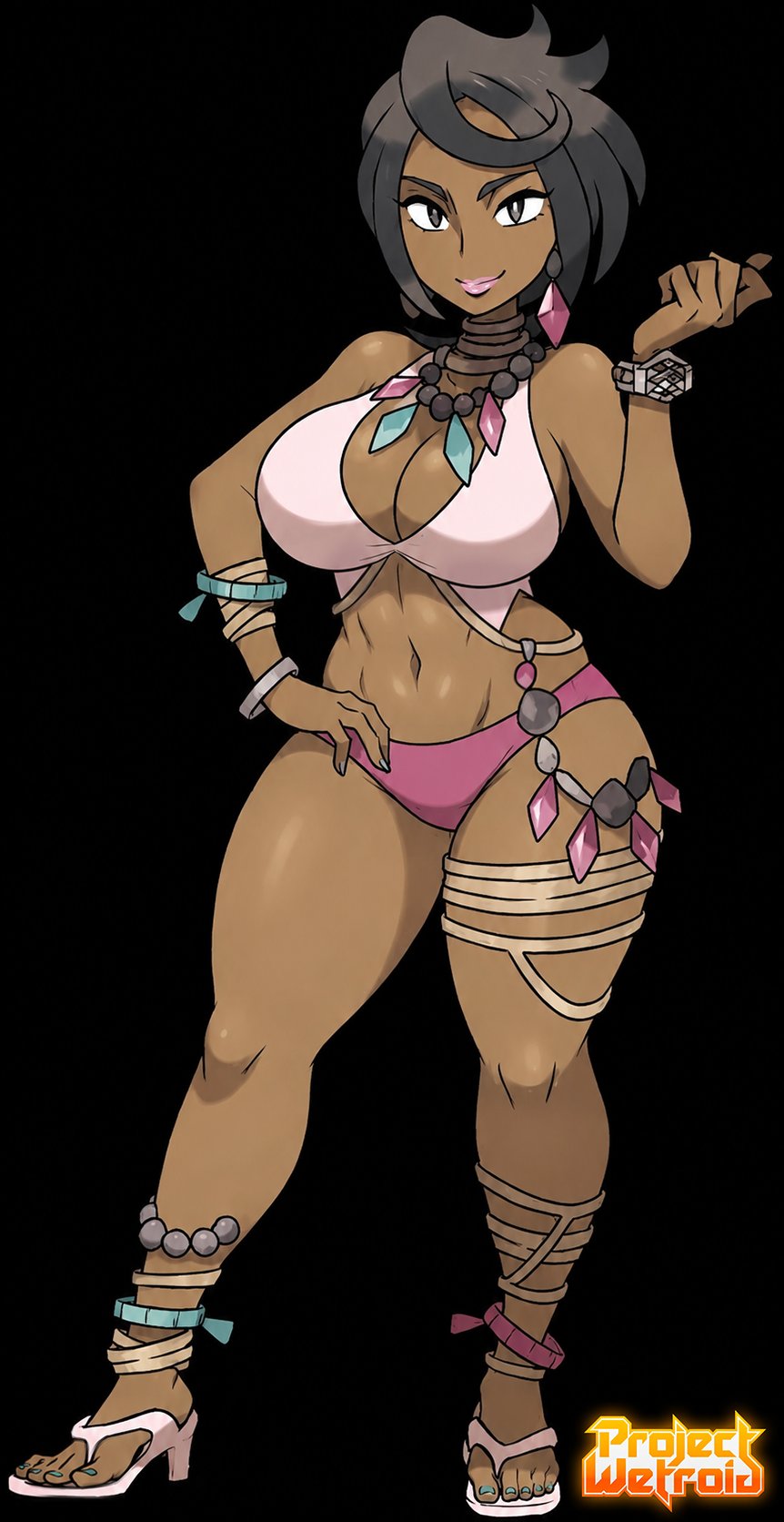 1girls armwear big_breasts brown_eyes brown_hair dark-skinned_female earrings edit edited_official_artwork female_only jewelry legwear official_art olivia_(pokemon) panties pokemon pokemon_sm projectwetroid sandals thick_thighs toned_female