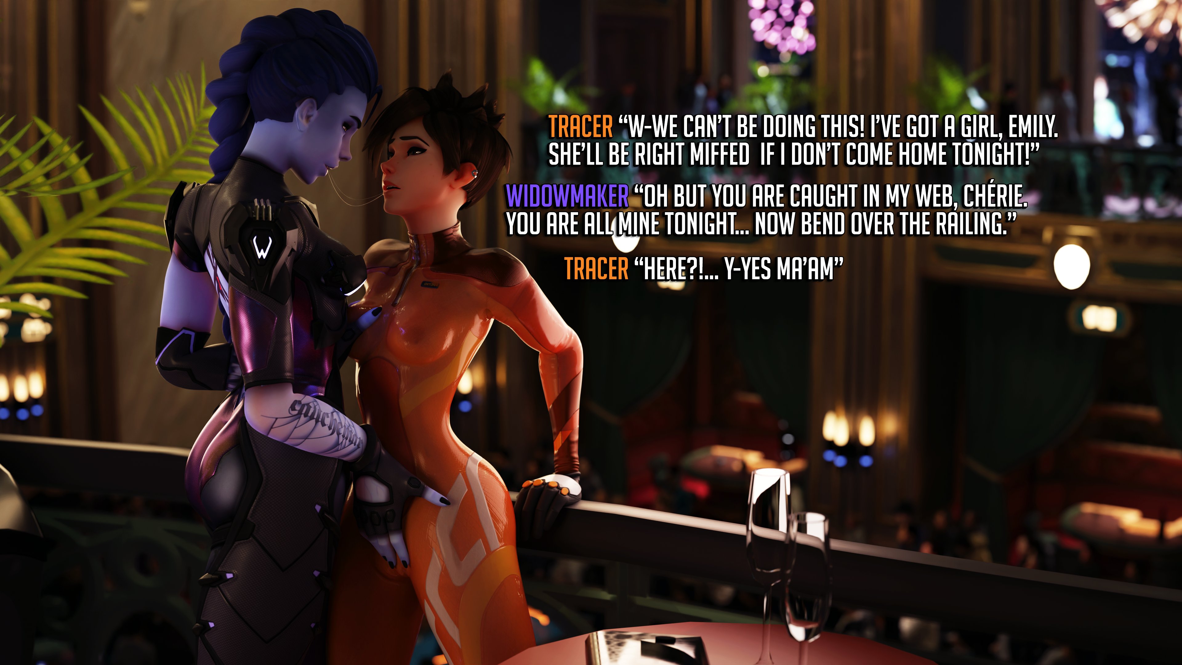 2girls, 3d, big breasts, blizzard entertainment, breasts, cameltoe, dialogue, dinoboy555, female, femdom, femsub, lesbian, nipple bulge, nipples visible through clothing, overwatch, text, tracer, translucent clothing, widowmaker, yuri
