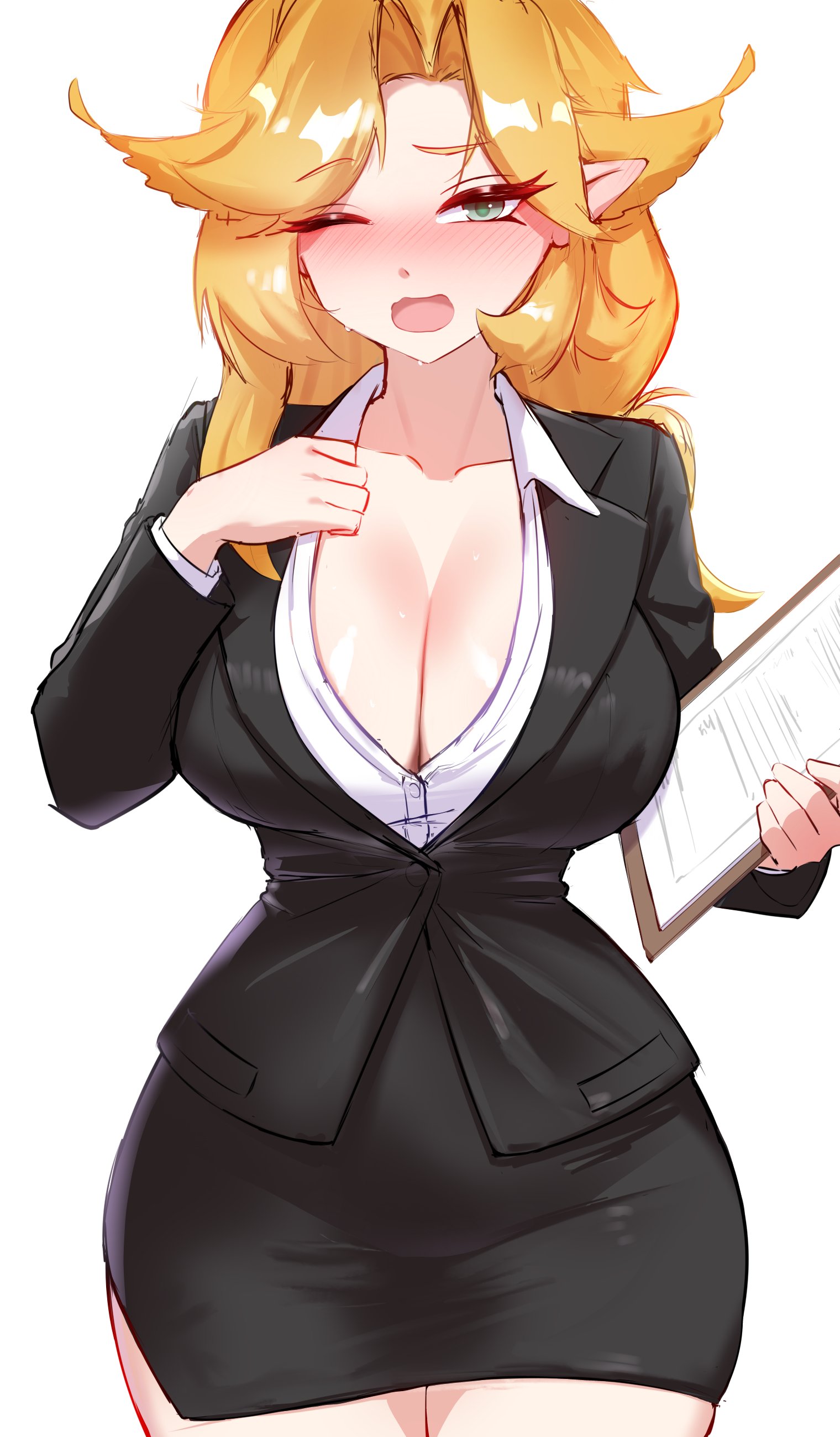 1girls, ahoge, alternate costume, blonde hair, blush, breasts, business attire, business suit, business woman, cgator, cleavage, clipboard, collarbone, dokibird, dokibird (beach episode), female, female only, flushed, front view, fully clothed, green eyes, hair wings, head wings, hi res, indie virtual youtuber, large breasts, looking at viewer, miniskirt, office clothing, office lady, one eye closed, pointy ears, skirt, sweating, virtual youtuber, vtuber, white background, yellow hair