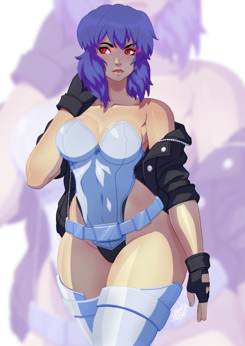 1girls, alternate version available, breasts, cameltoe, cleavage, commentary, cyborg, english, female, female only, fingerless, ghost in the shell, gloves, hi res, highleg, jacket, kusanagi motoko, large breasts, leather jacket, leotard, light skin, light-skinned female, navel, purple hair, pussy, short hair, solo, strapless, strapless leotard, thighhighs, thighs, tovio rogers, white background, white legwear, wide hips